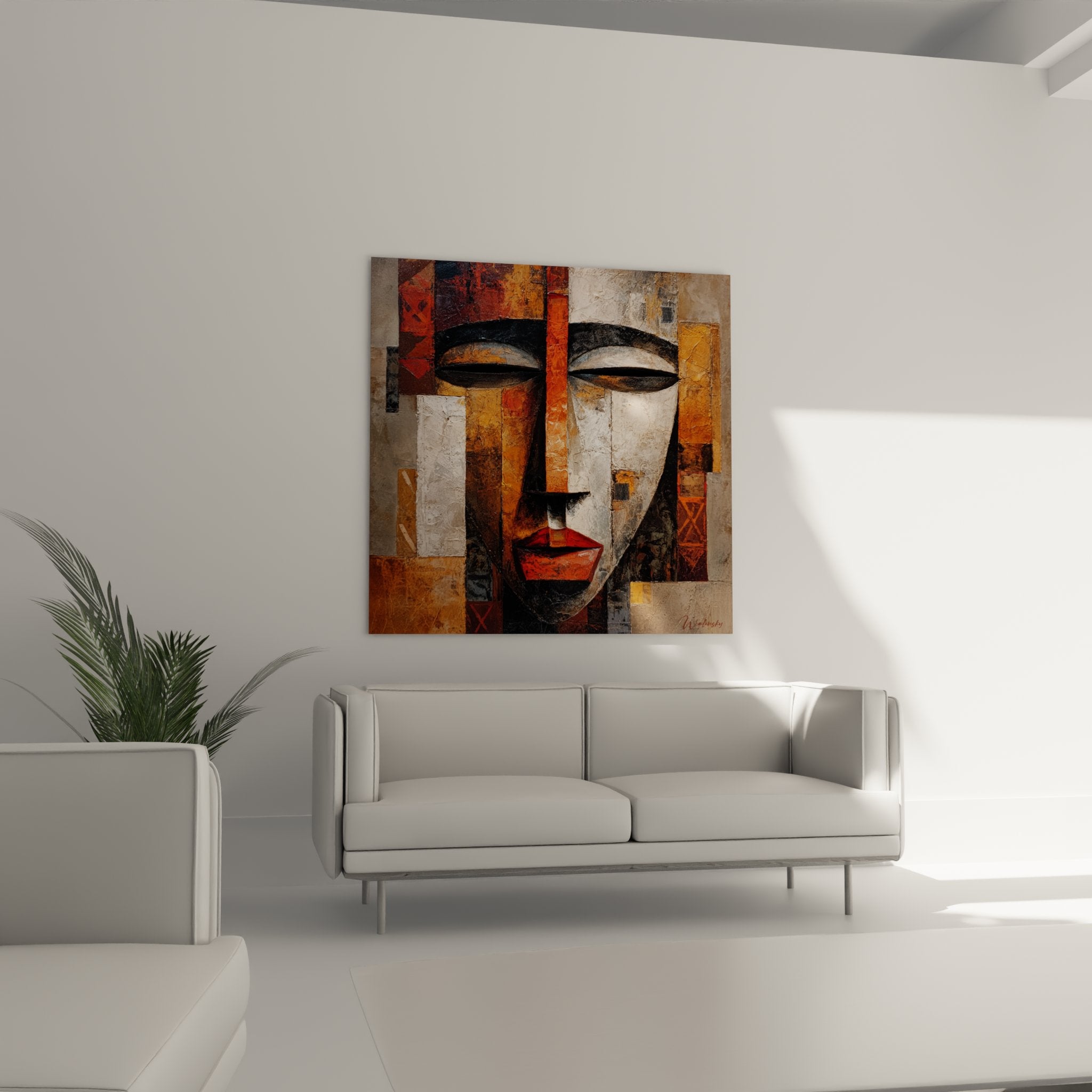 Dettaglio maschera tribale cubista, texture ocra e rossa, occhi stilizzati arte africana contemporanea geometrica