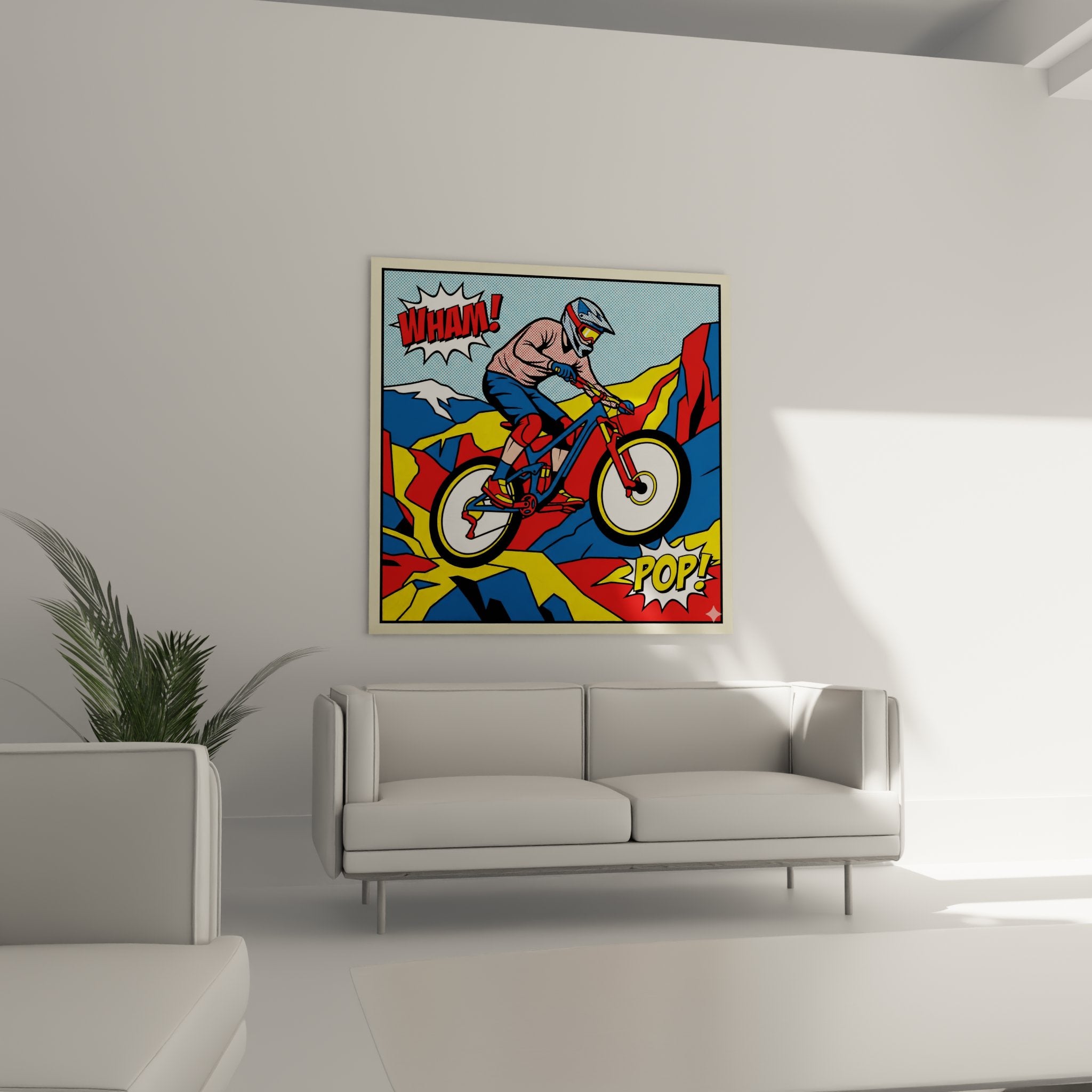 Détail tableau VTT pop art montrant vététiste casqué sur mountain bike rouge avec effets graphiques comics