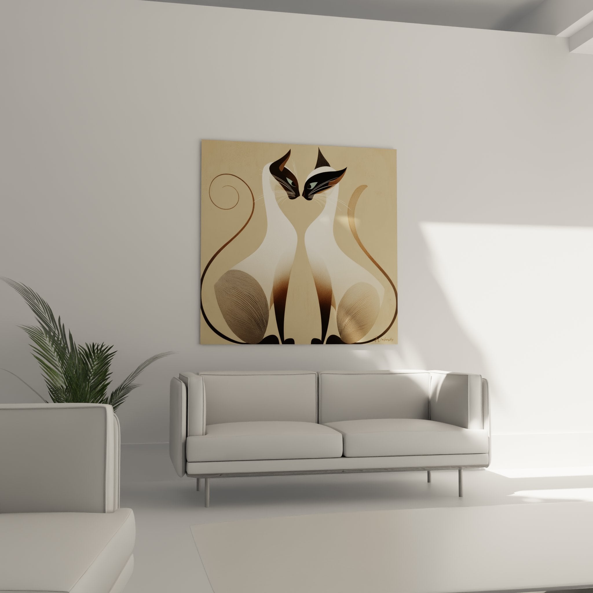 Detail of siamese cats artwork showing black facial masks and expressive green eyes in close-up