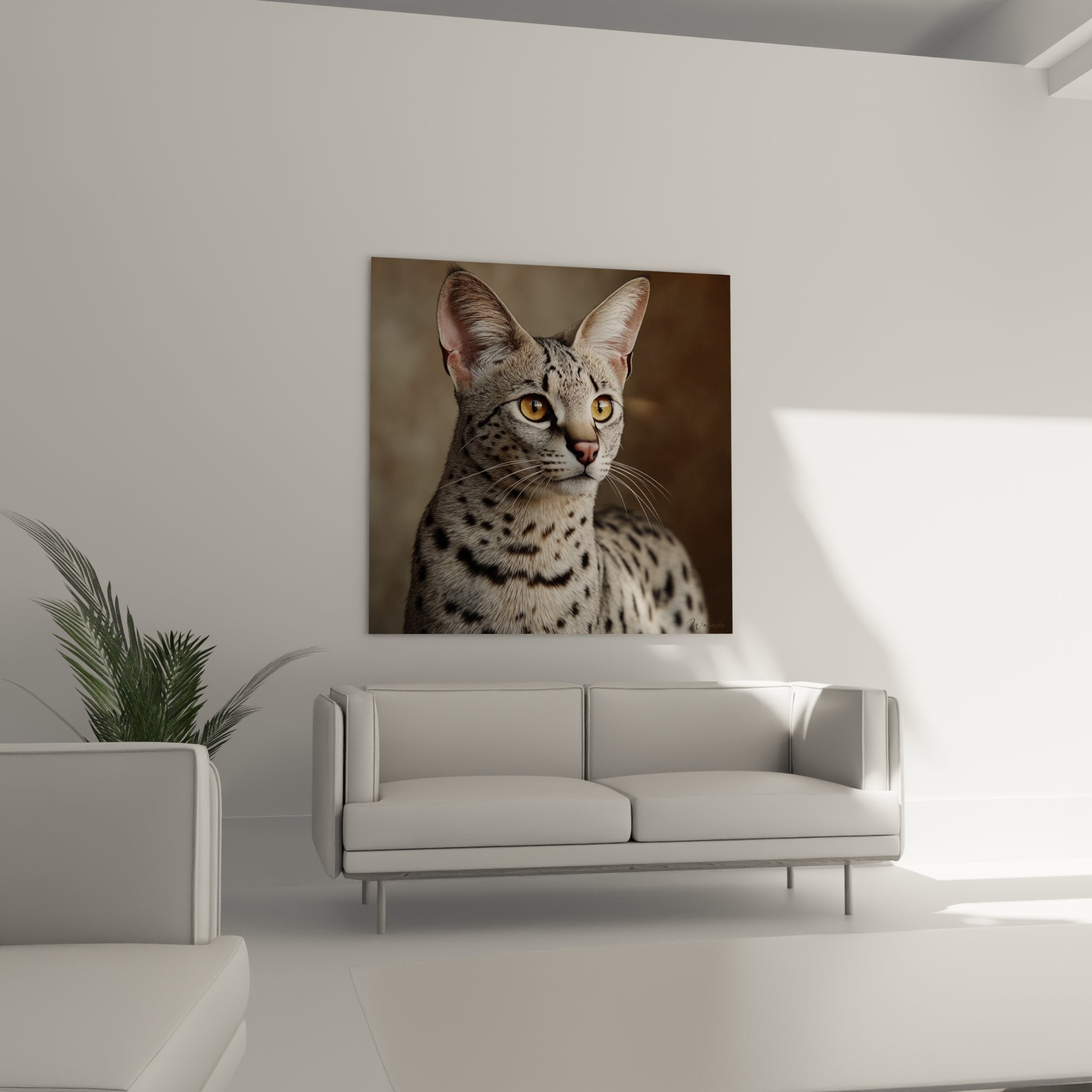 Gros plan détaillé du portrait de chat Savannah montrant les yeux ambrés et le pelage finement tacheté