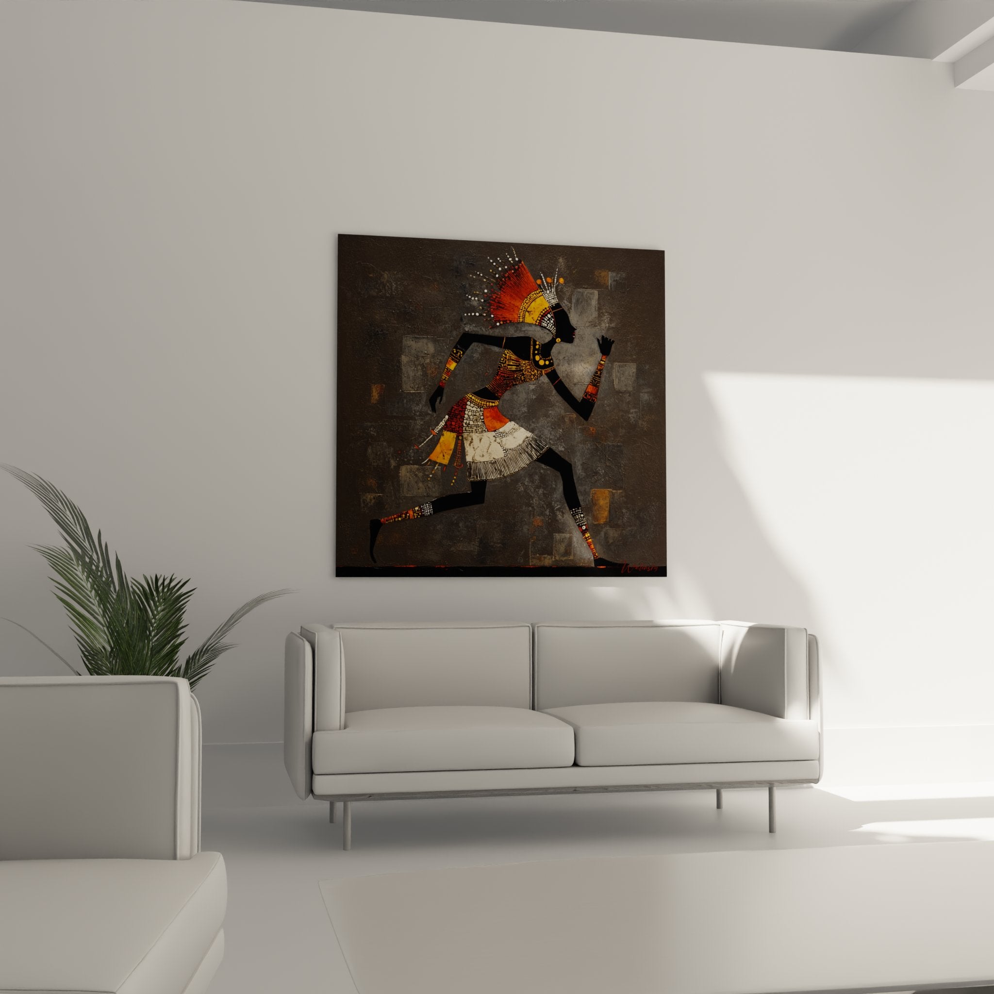 Dettaglio acconciatura con piume rosse e arancioni e motivi geometrici del costume tradizionale di un danzatore africano