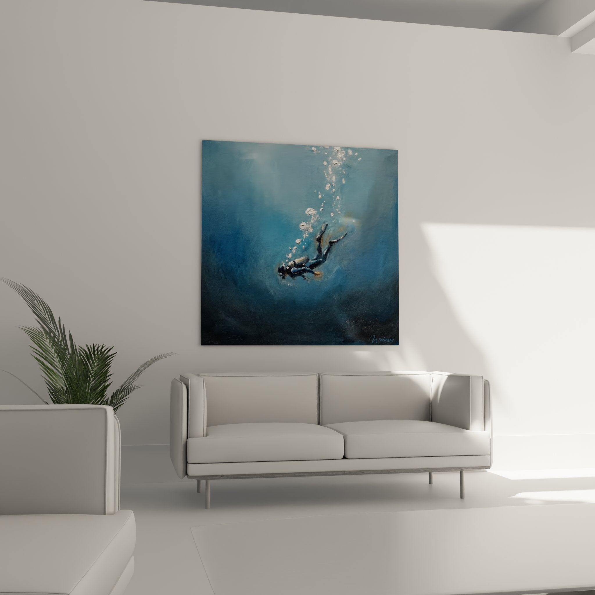 Détail rapproché tableau plongée sous-marine montrant technique picturale bulles air et nuances bleues océan