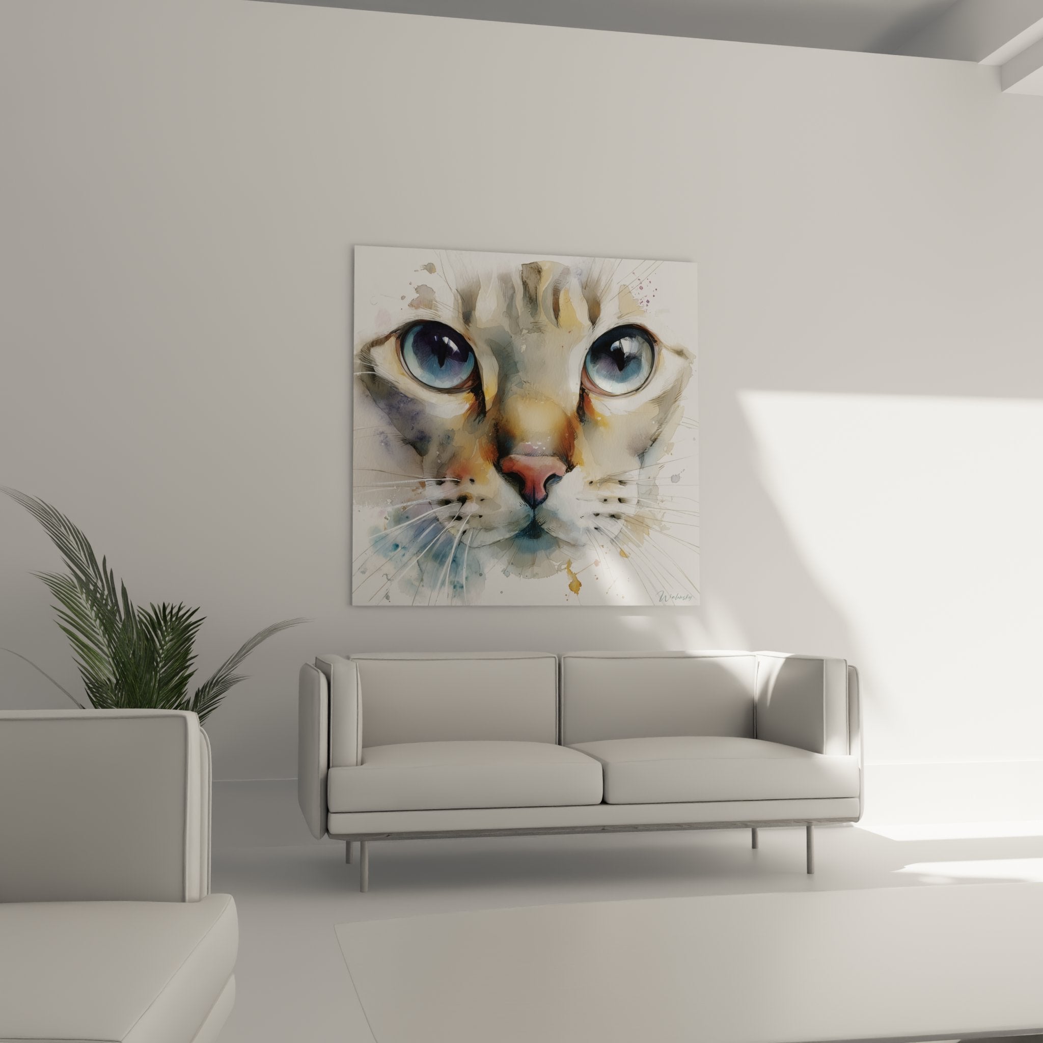 Détail gros plan yeux bleus cristallins du chat, technique aquarelle expressionniste art félin contemporain