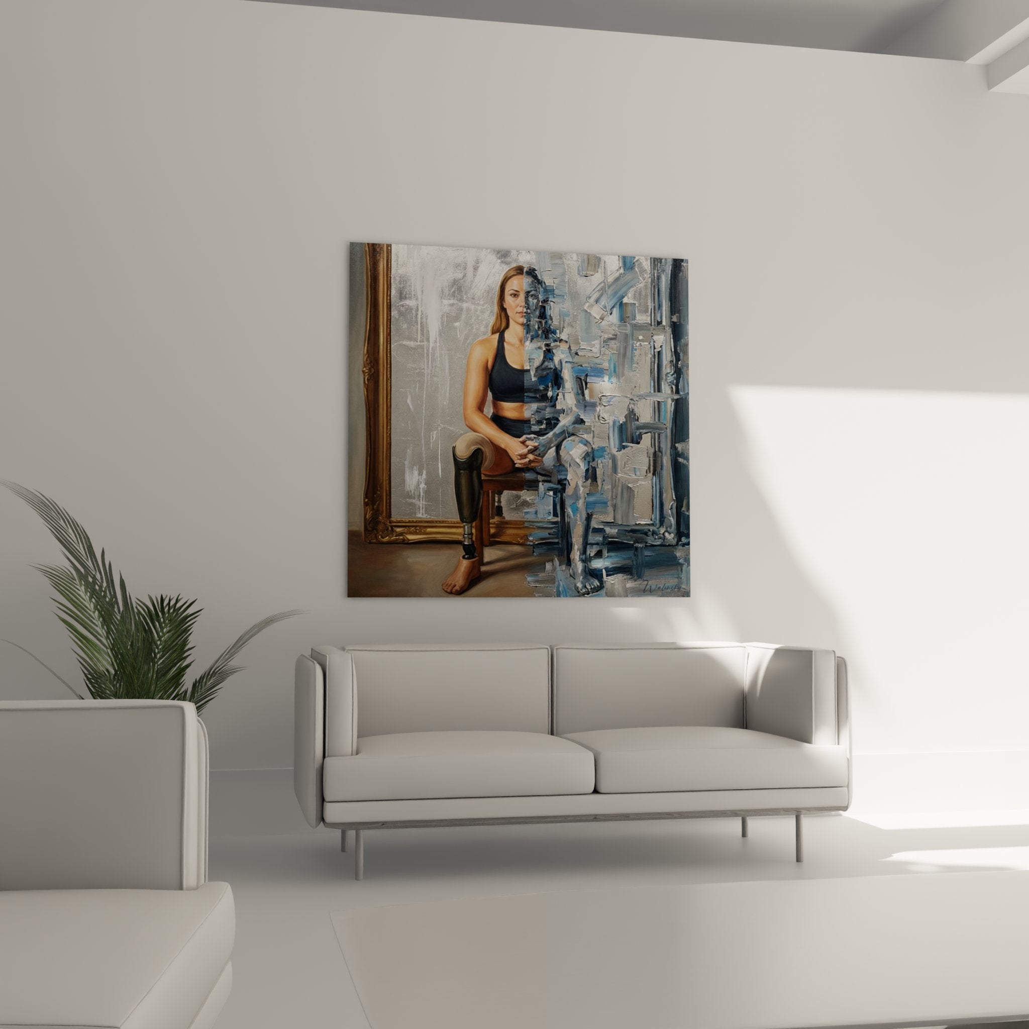 Dettaglio quadro donna atleta effetto frammentazione blu geometrico arte contemporanea paralimpico moderno