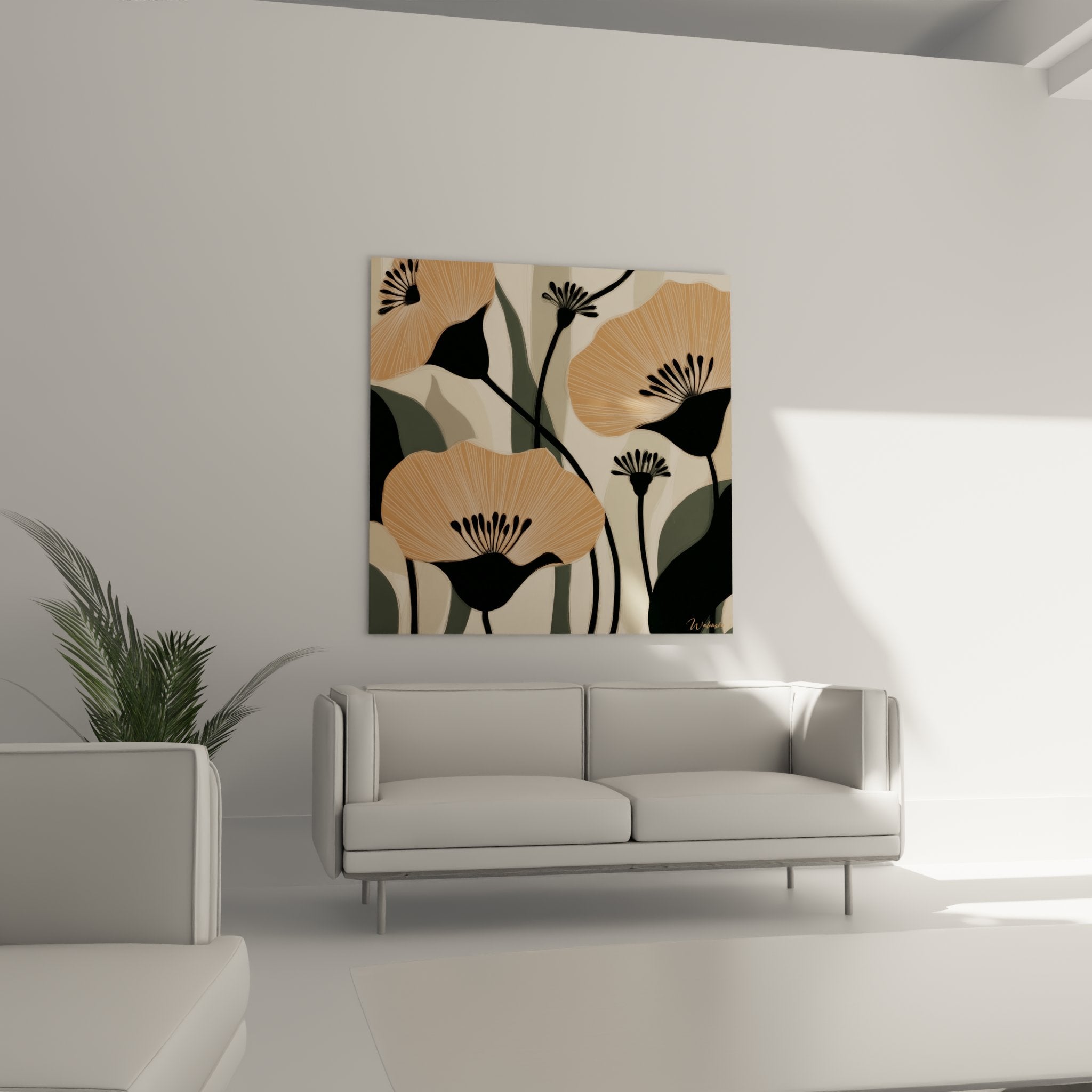 Dettaglio fiori astratti art deco, petali corallo con nervature delicate e centri neri, stile grafico moderno