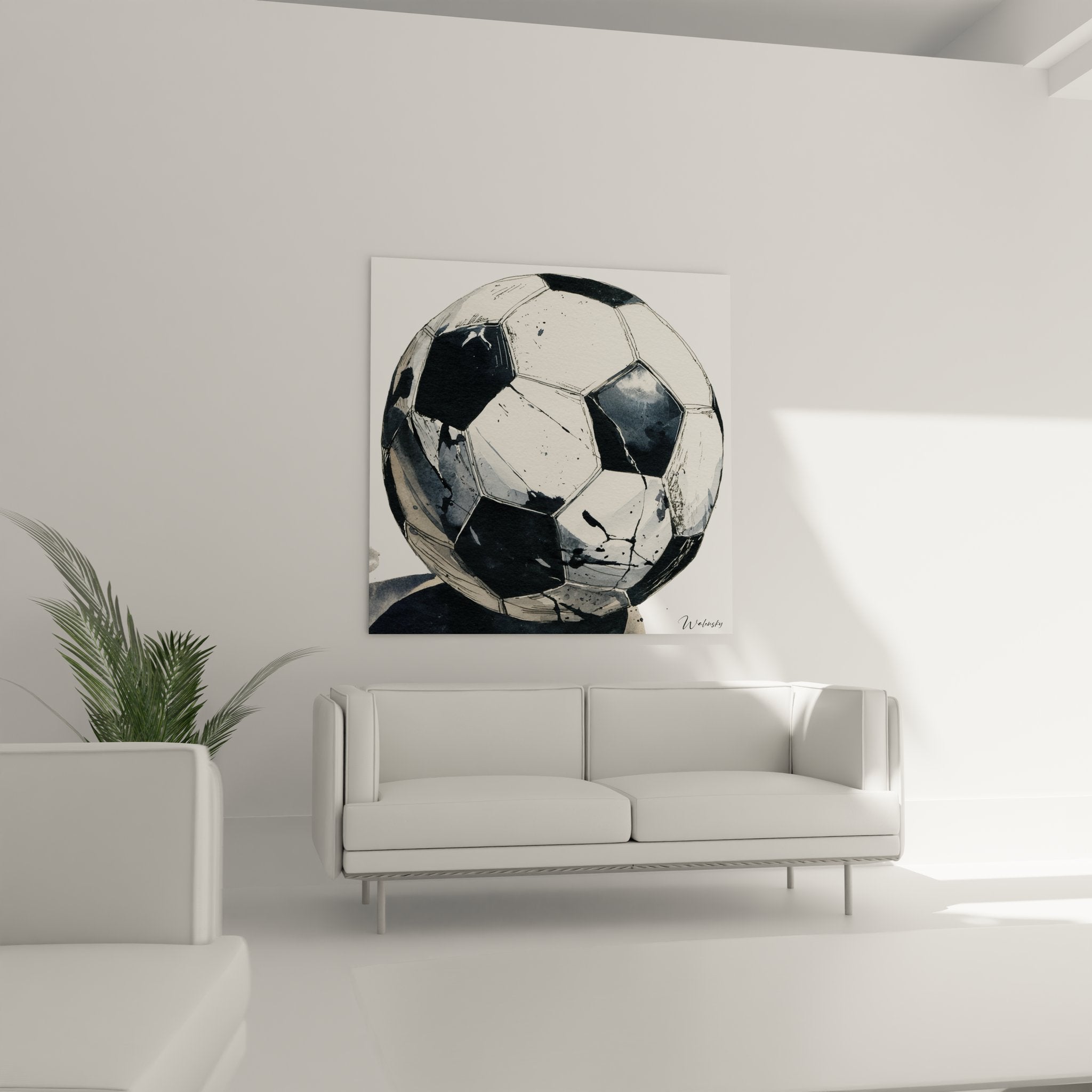 Détail rapproché du tableau ballon football montrant la texture aquarelle et les nuances de gris