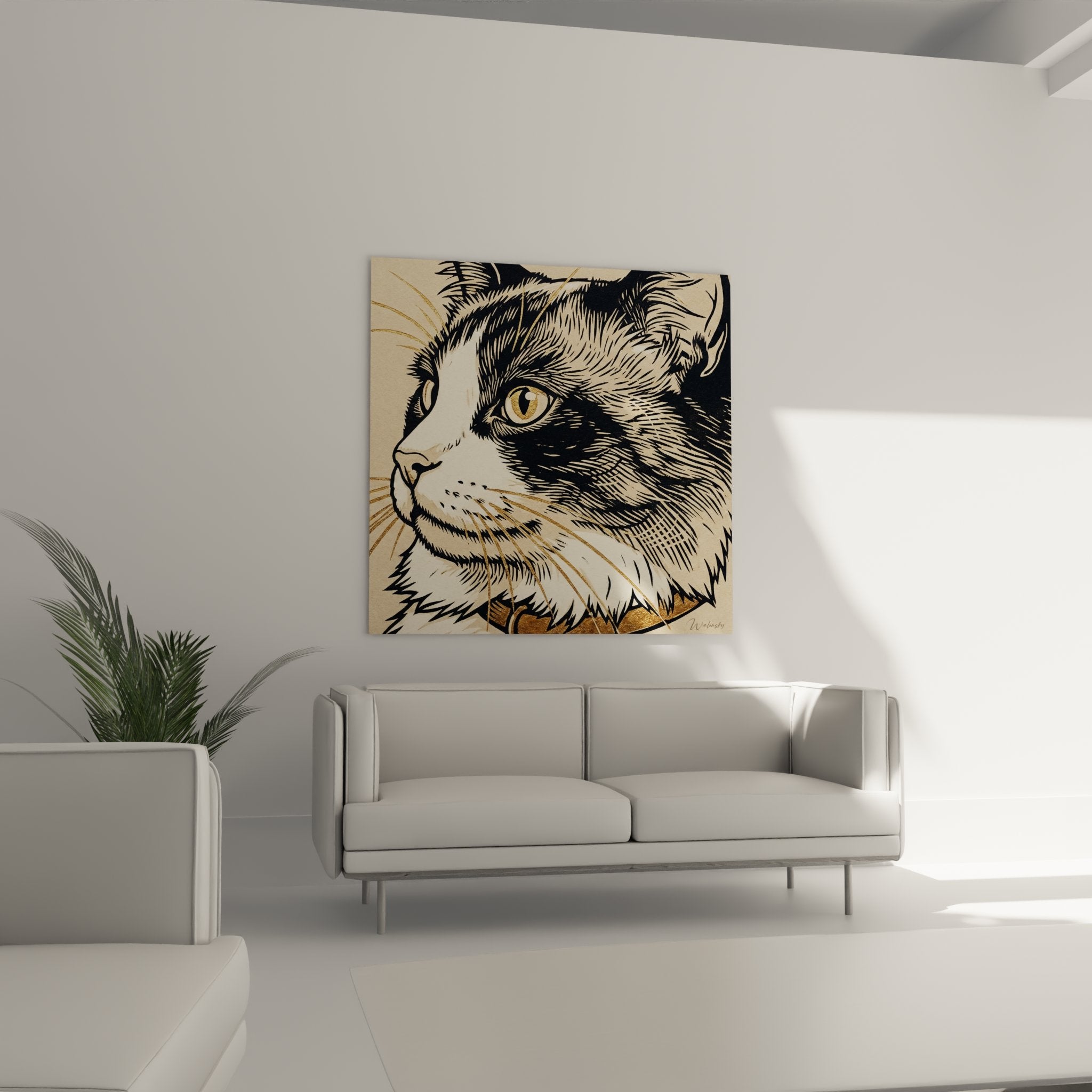 Dettaglio dello sguardo penetrante e degli occhi dorati del gatto su tela in stile incisione artistica