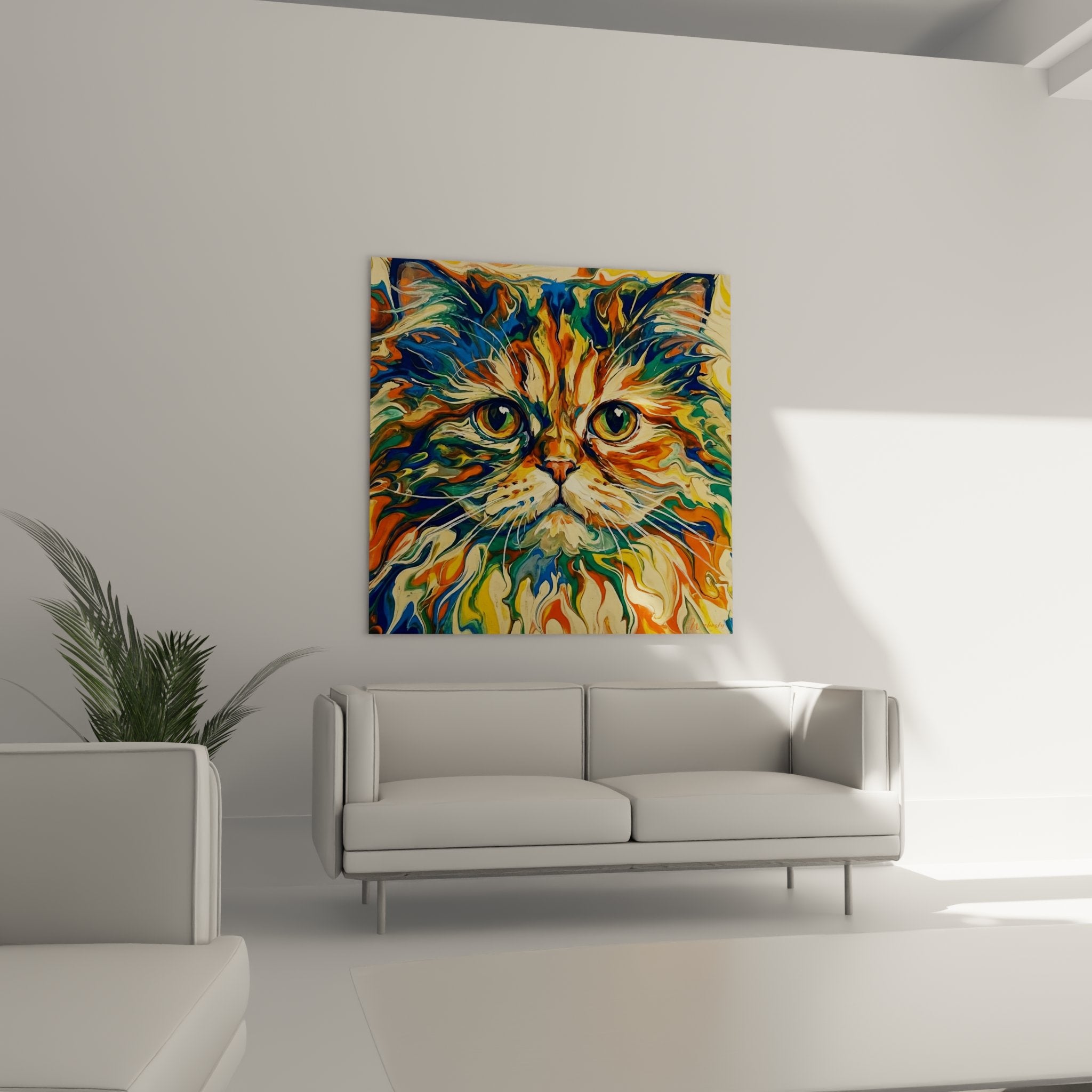 Nahaufnahme eines mehrfarbigen Katzengemäldes Perserkatze, ausdrucksstarke Augen und Fluid-Painting-Technik mit lebendigen Farben