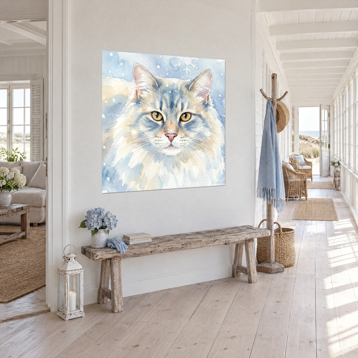 Πίνακας ακουαρέλα πορτρέτο Kurilian Bobtail, ροζ μουσούδα, λευκά μουστάκια, γαλάζιο ουρανί φόντο, σε διάδρομο δίπλα στη θάλασσα