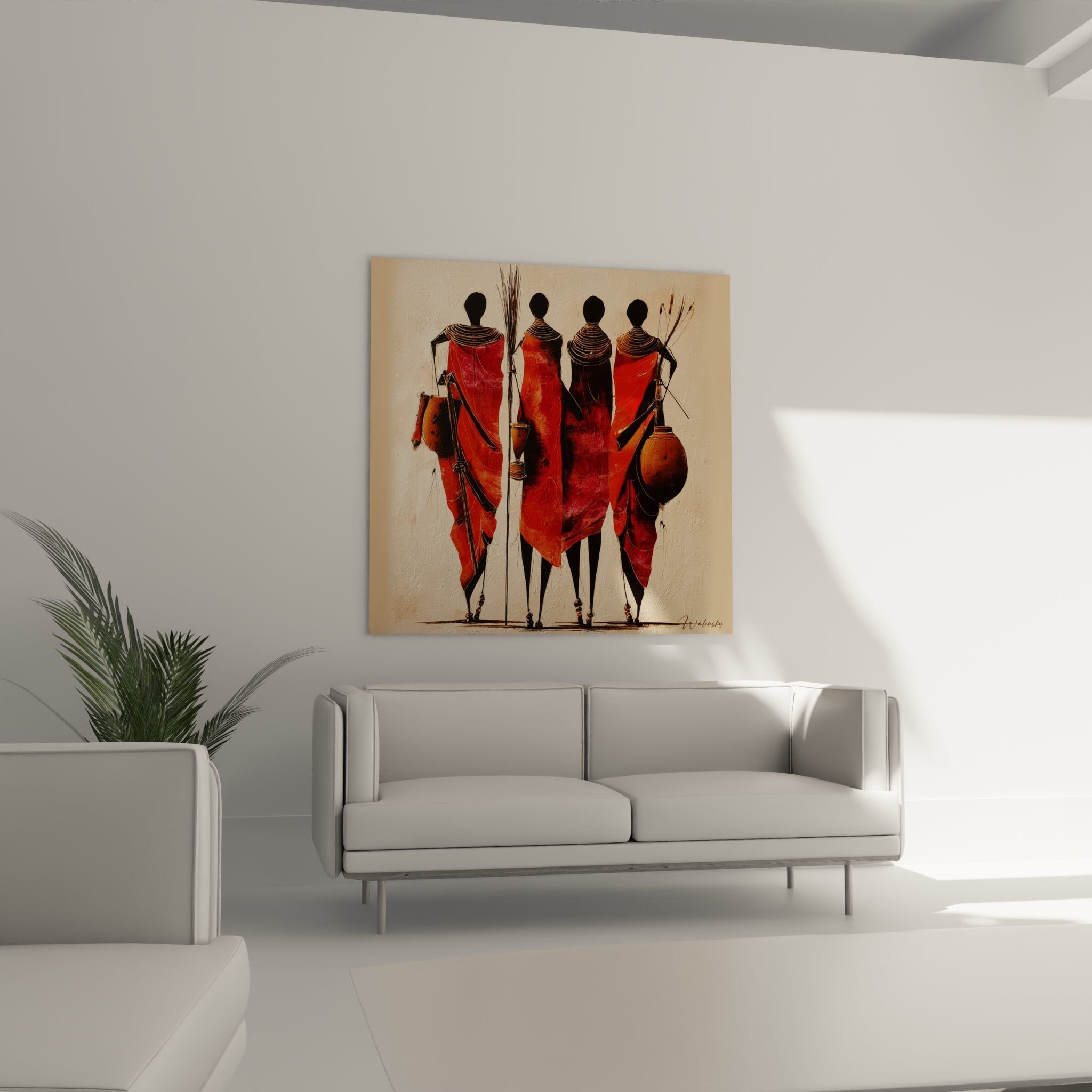 Dettaglio quadro guerrieri Maasai che mostra collana di perle tradizionali e zucche d'argilla artigianato autentico