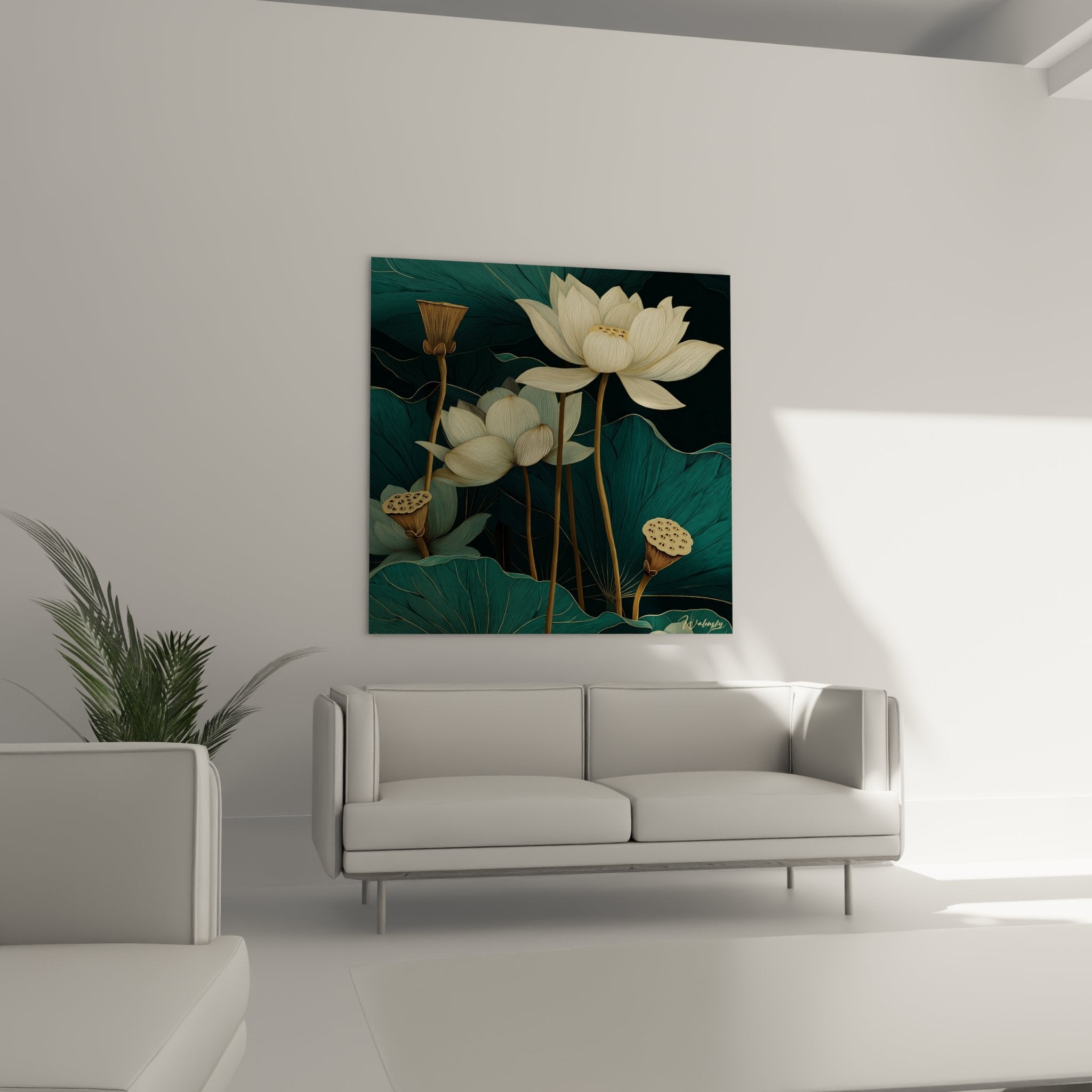 Close-up detail of golden lotus flowers showcasing delicate petal veins art deco
