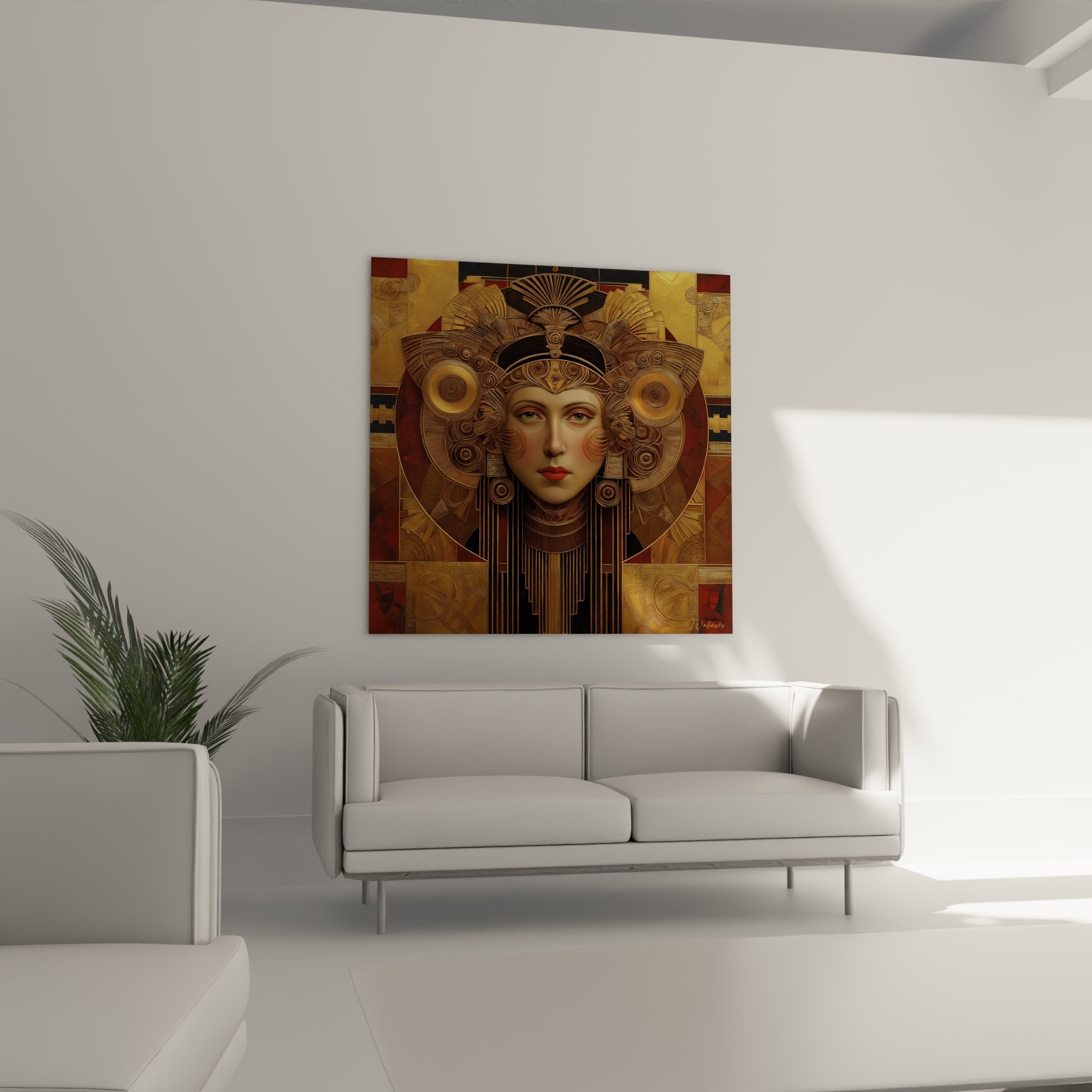 Détail du visage de la déesse art déco avec ornements dorés et motifs géométriques raffinés