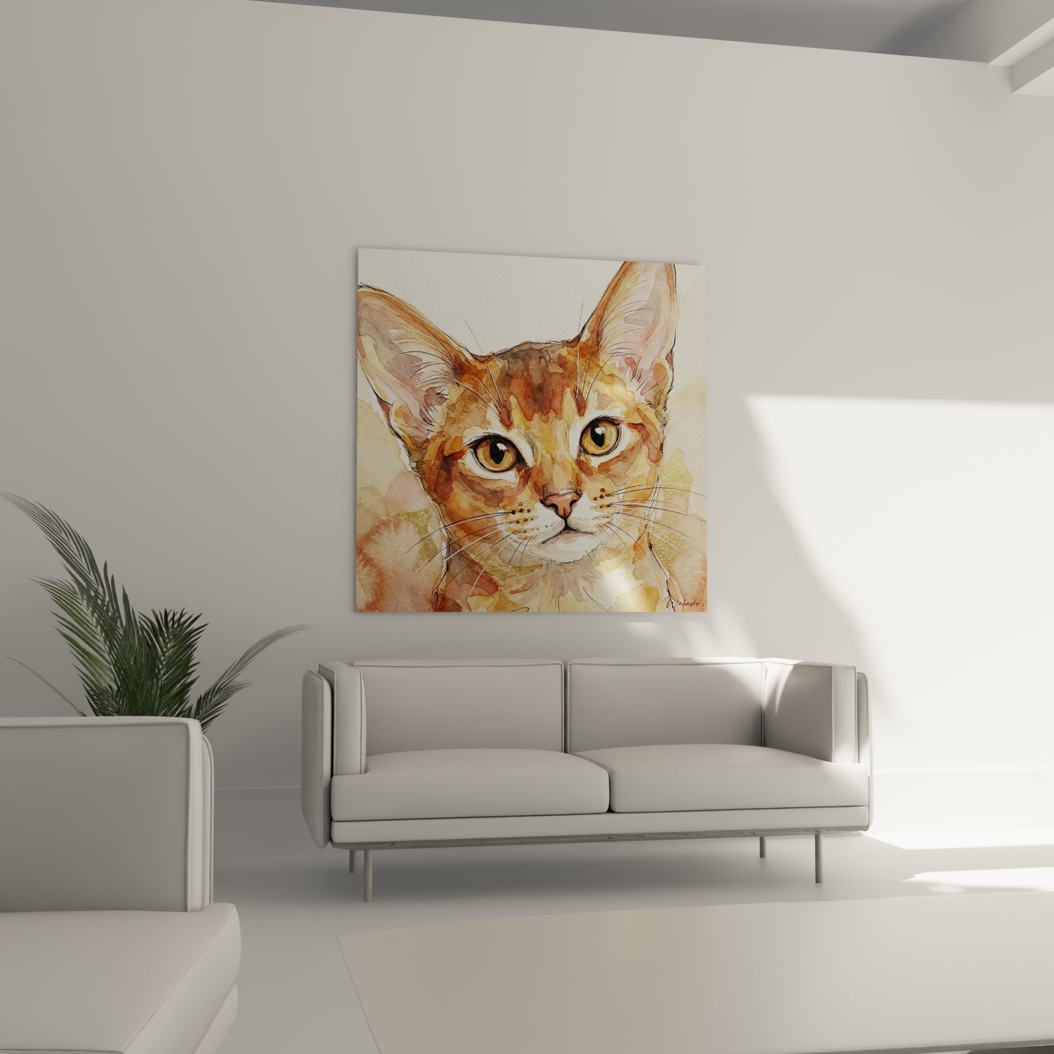 Dettaglio ritratto acquerello gatto Abissino, occhi dorati espressivi e tecnica pittorica raffinata visibile