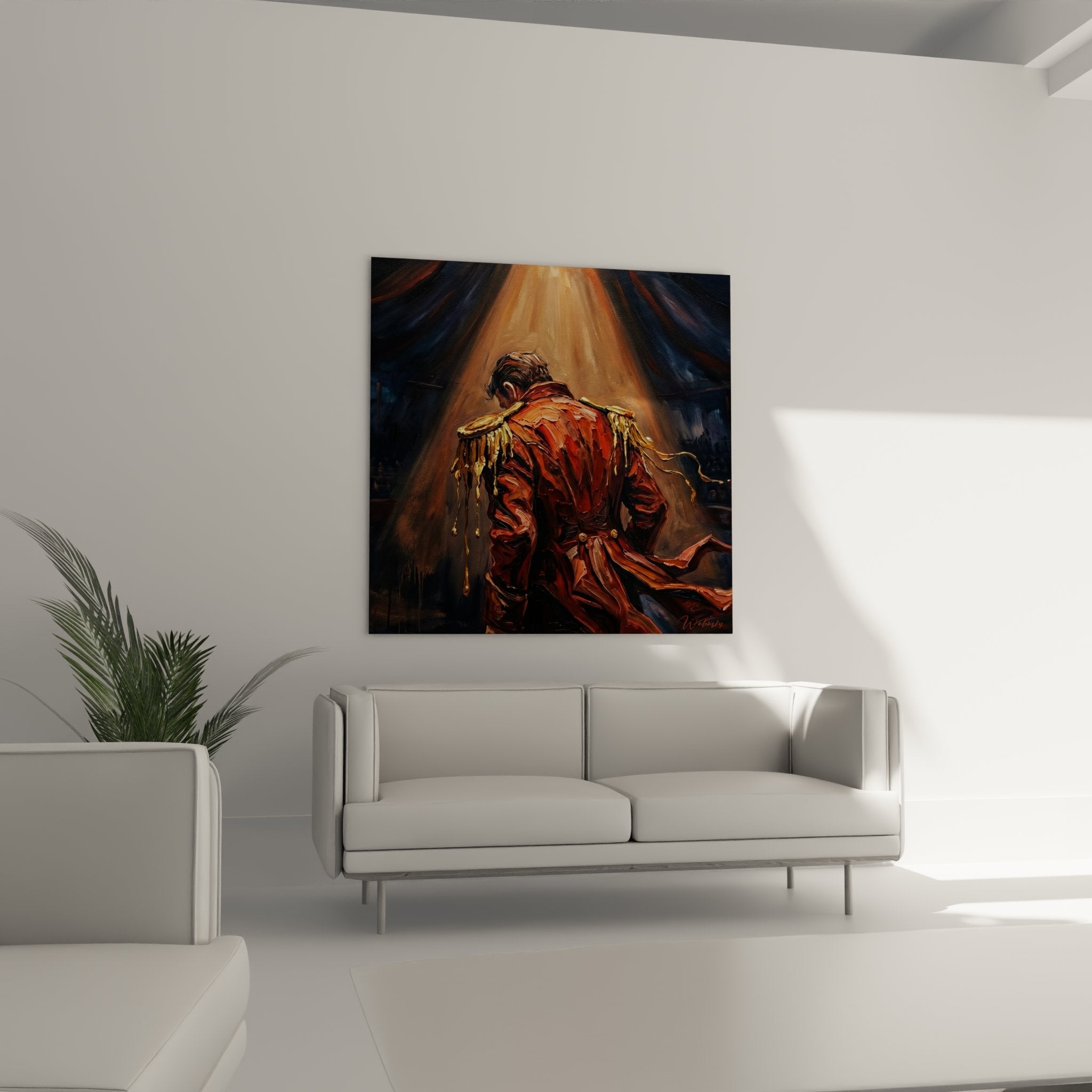 Detail of Monsieur Loyal painting showing impasto texture red outfit gold braid expressionist style