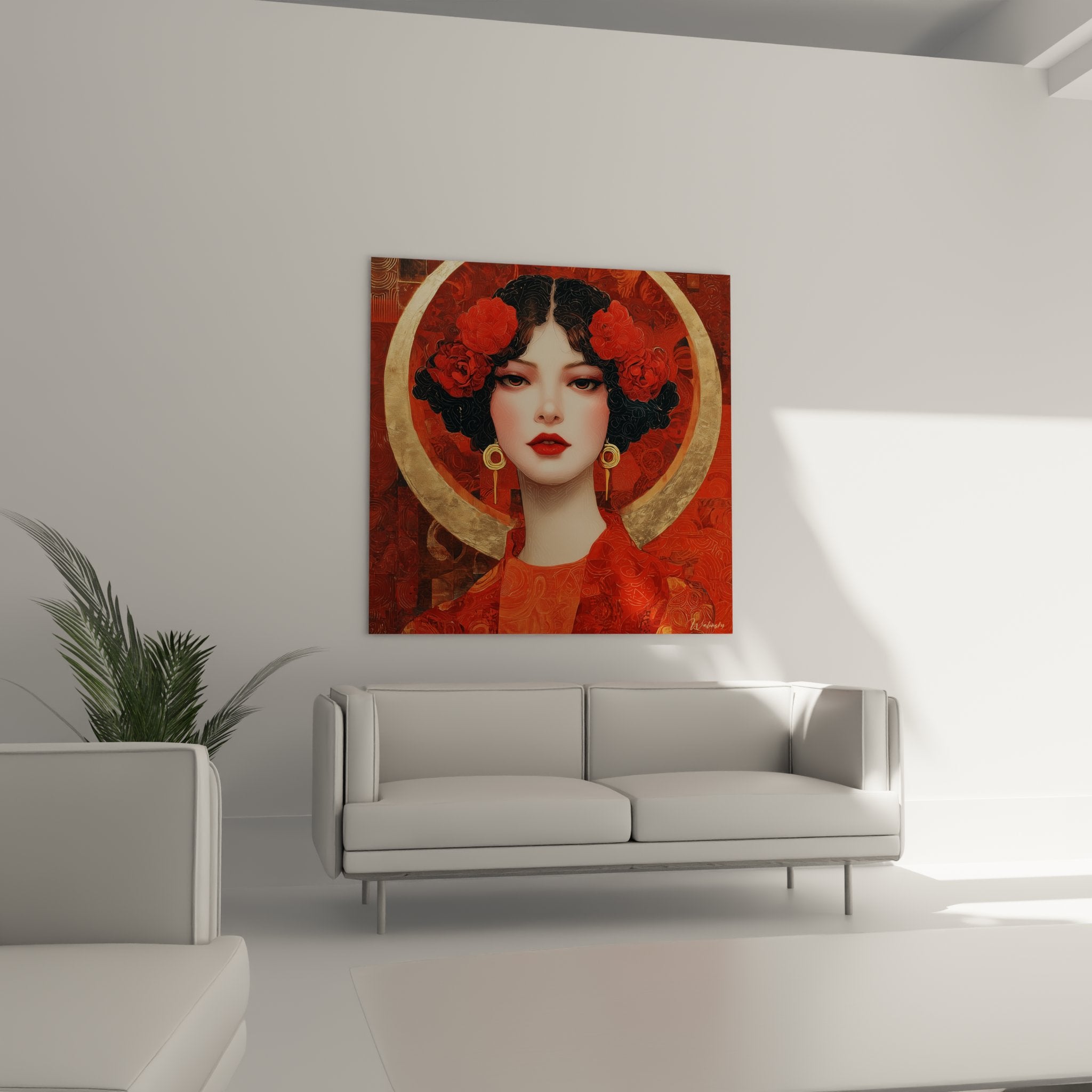 Dettaglio quadro art déco volto donna rose rosse labbra cremisi orecchini dorati vintage