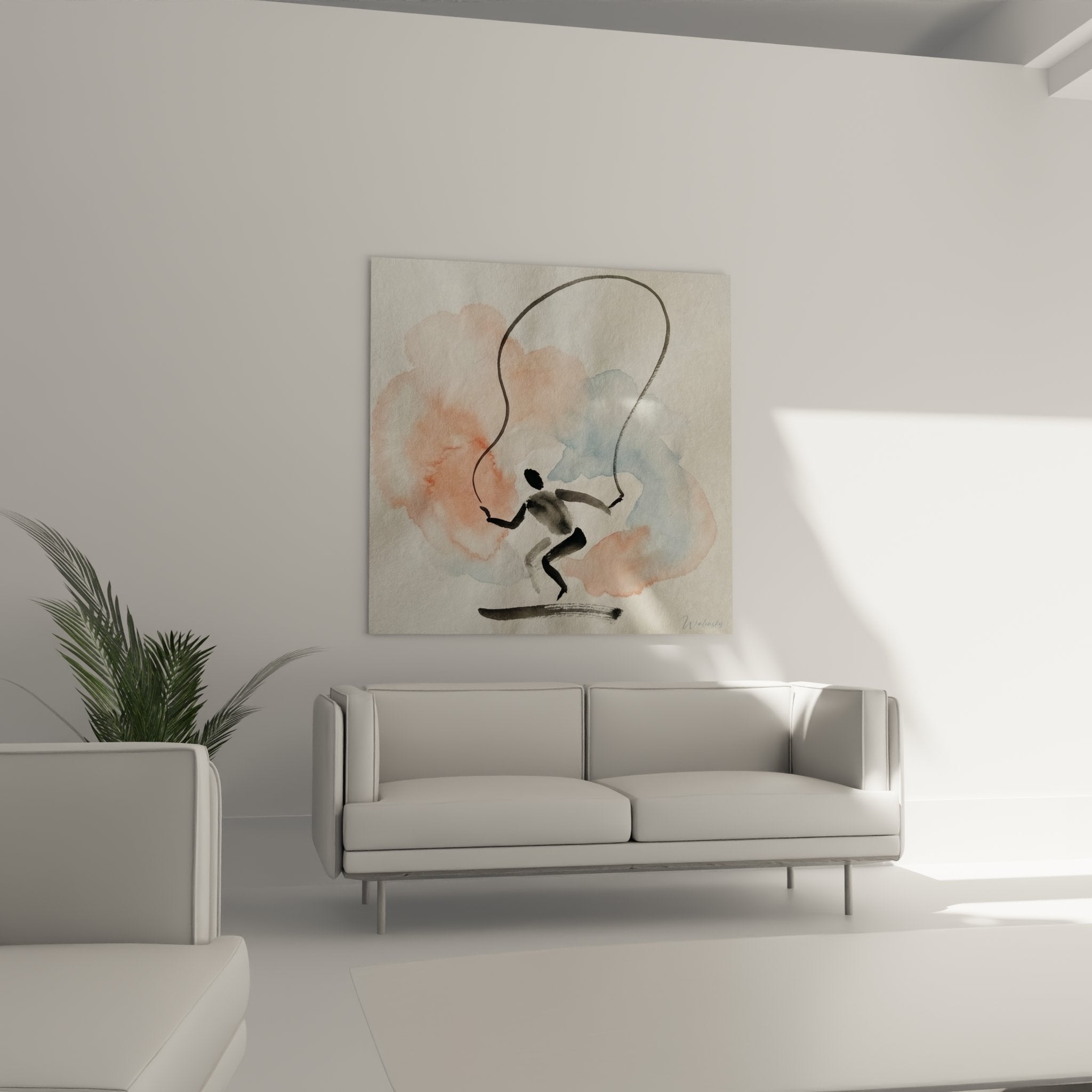 Détail rapproché du tableau montrant la technique aquarelle et les nuances de couleurs roses et bleues