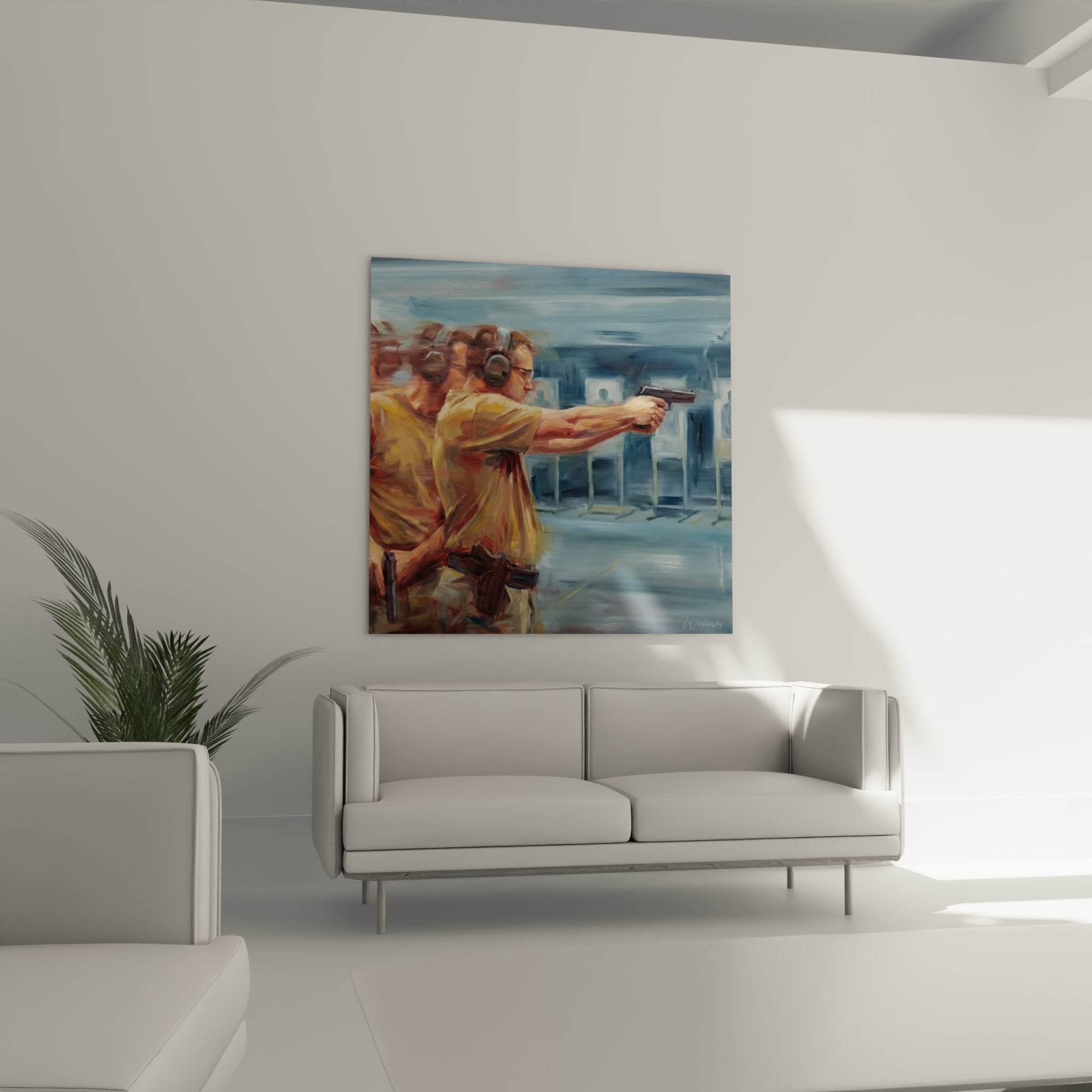 Dettaglio ravvicinato dipinto tiratore poligono tiro tecnica artistica colpi pennello dinamici toni caldi blu