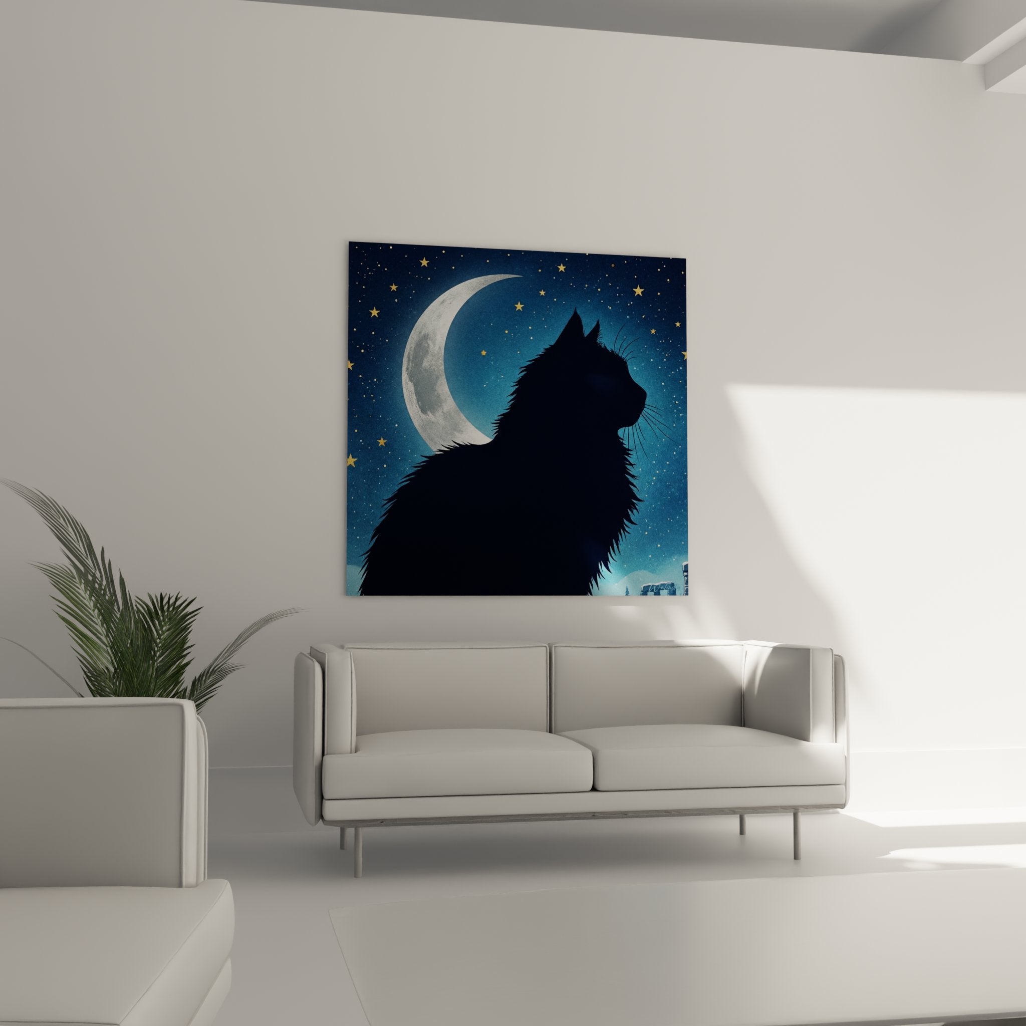 Close-up detail of silhouette art print Norwegian Forest Cat moon silver stars golden starry blue sky