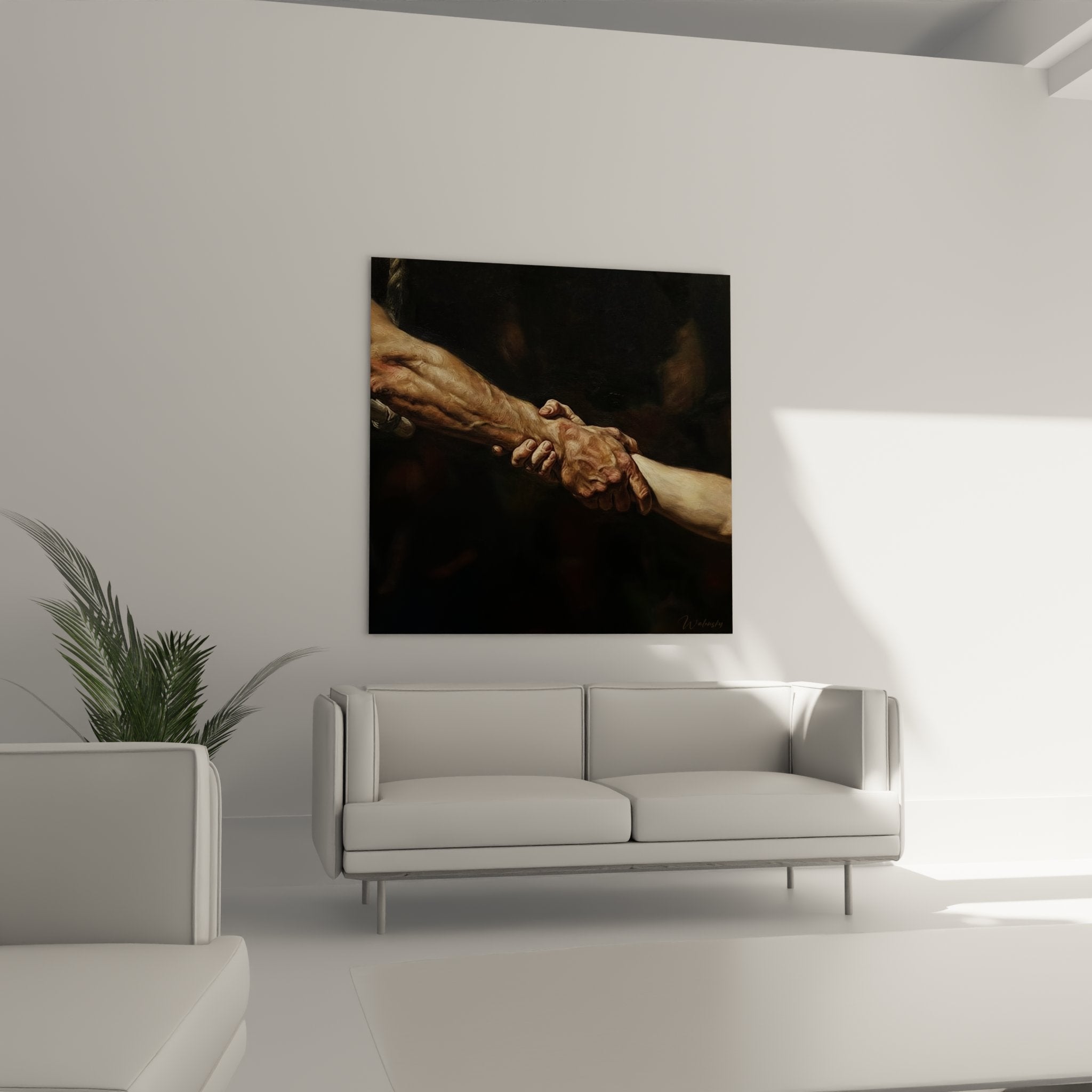 Detail of the artwork showing the realistic texture of clasped hands with interplay of shadows and light