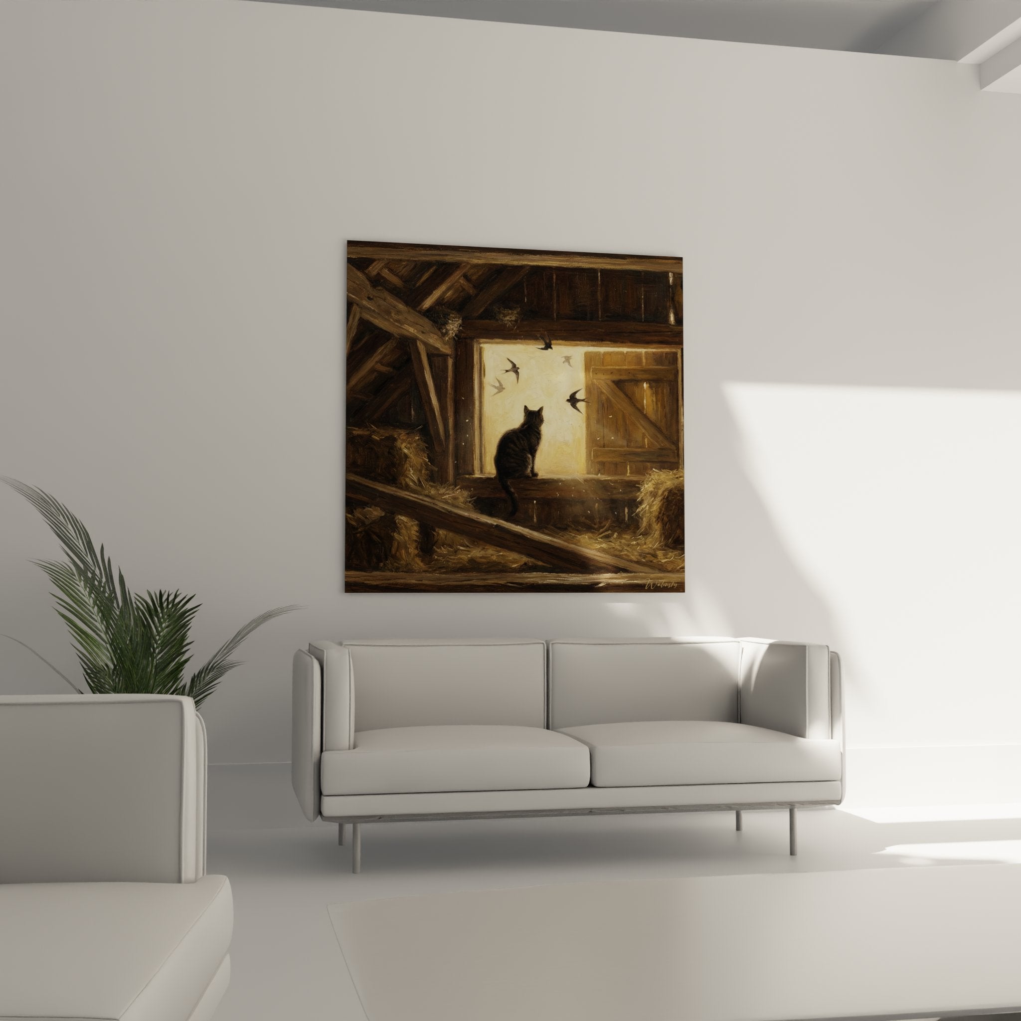 Detail peinture chat European Shorthair tigre contemplant hirondelles depuis fenetre bois grange traditionnelle