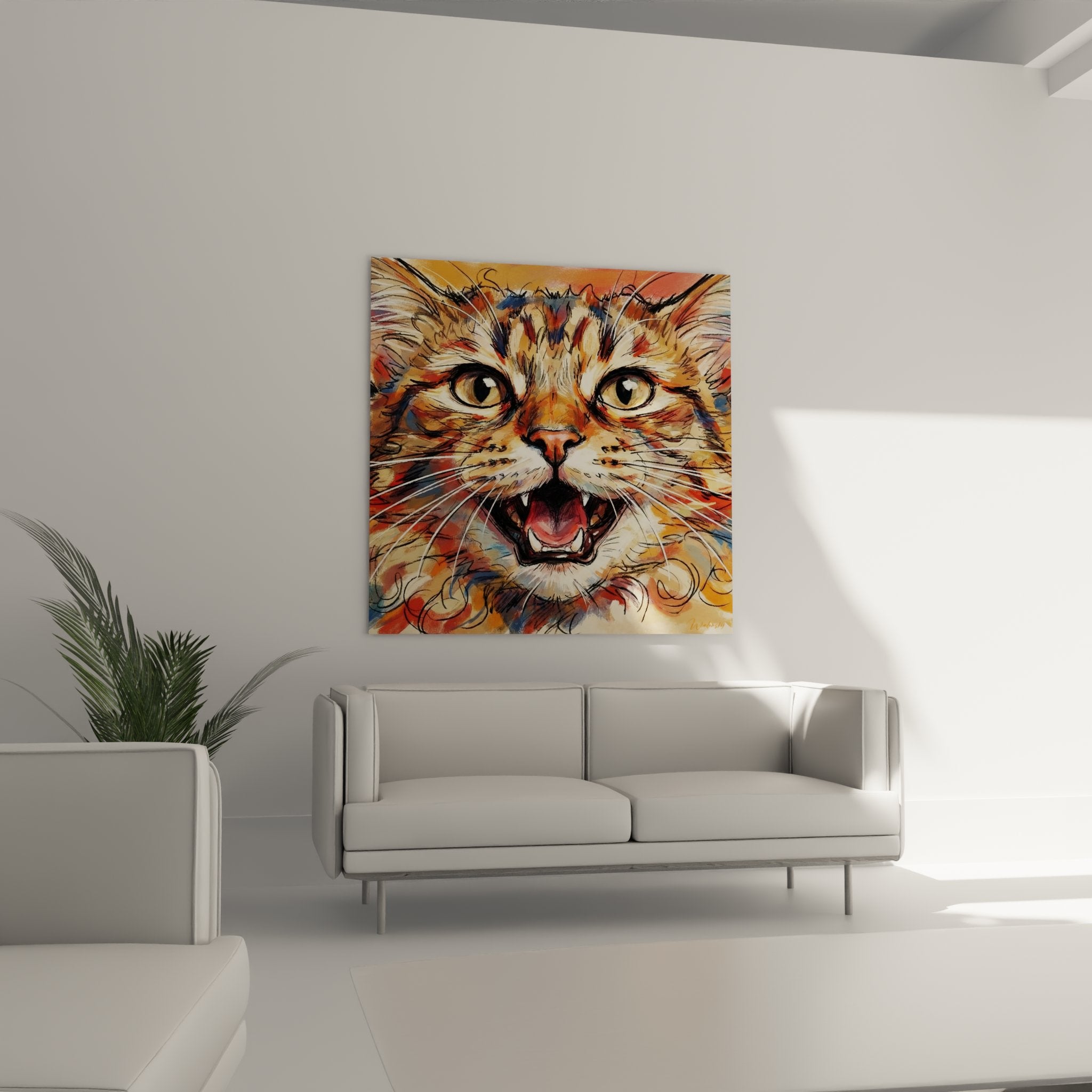 Detail of the Laperm cat painting showing piercing golden eyes and curly coat texture
