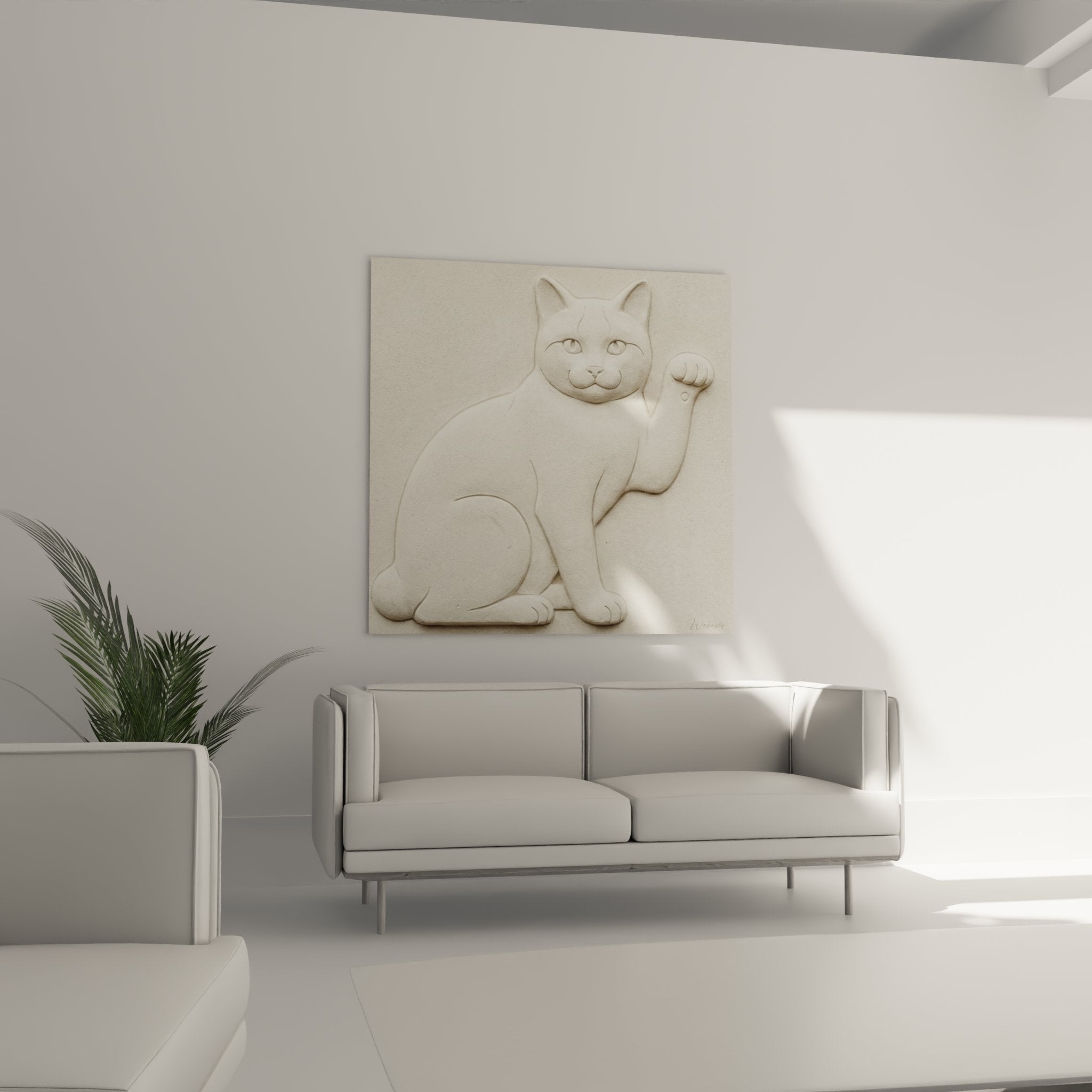 Detail sculpture relief Japanese Bobtail cat white texture raised paw realistic feline expression