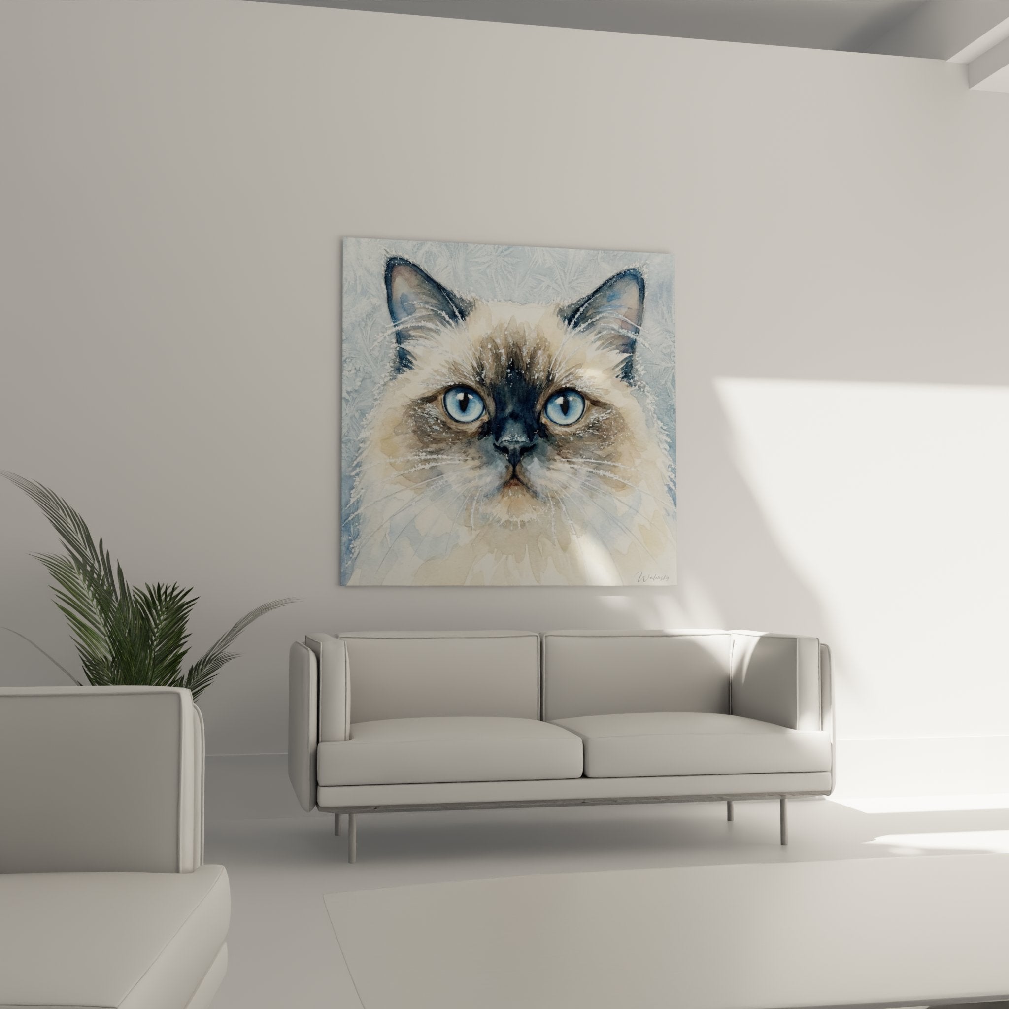 Gros plan tableau chat Himalayan aquarelle, détails yeux bleus cristallins et pelage crème artistique