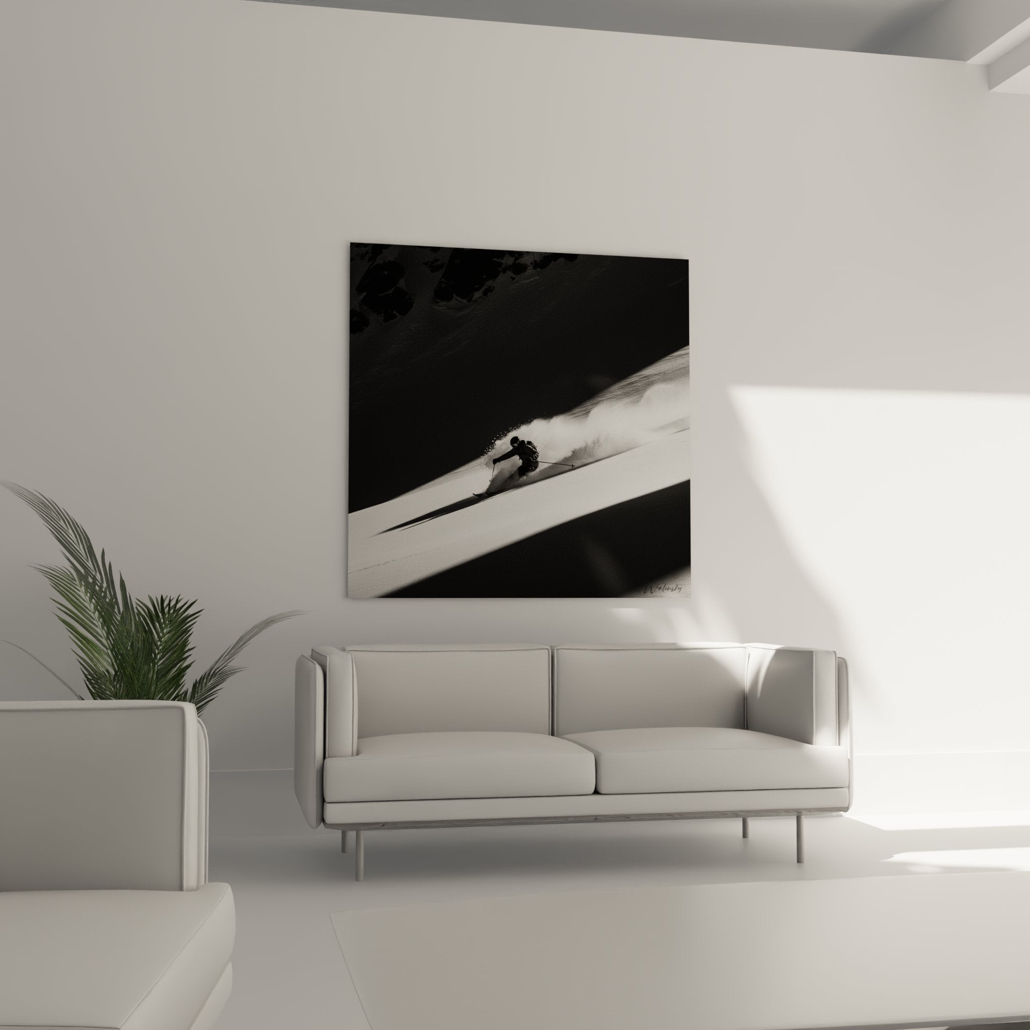 Détail rapproché tableau skieur en action dans nuage de neige poudreuse photographie artistique