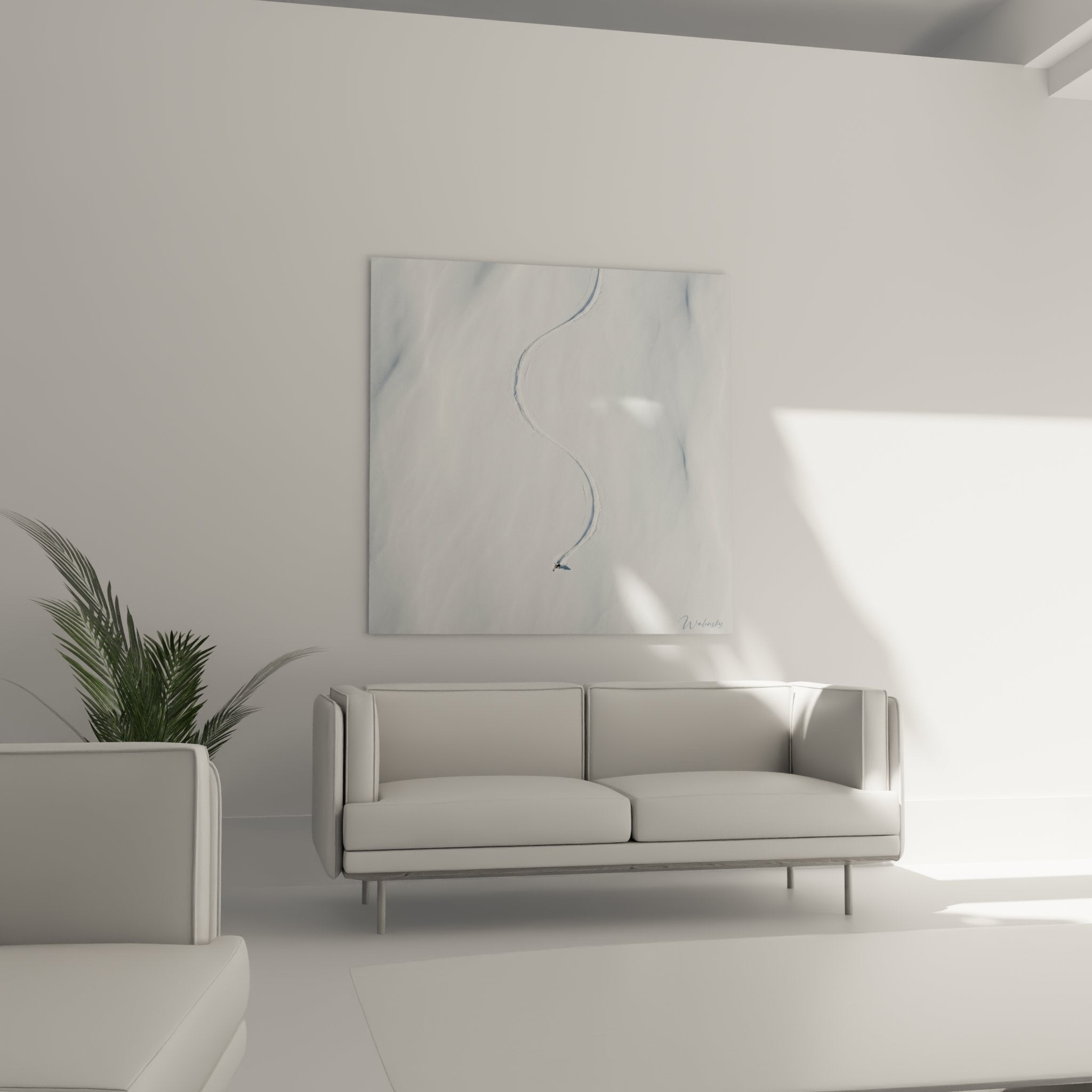 Détail tableau snowboard - texture peinture blanche et trace bleue, signature artiste, qualité impression haute définition