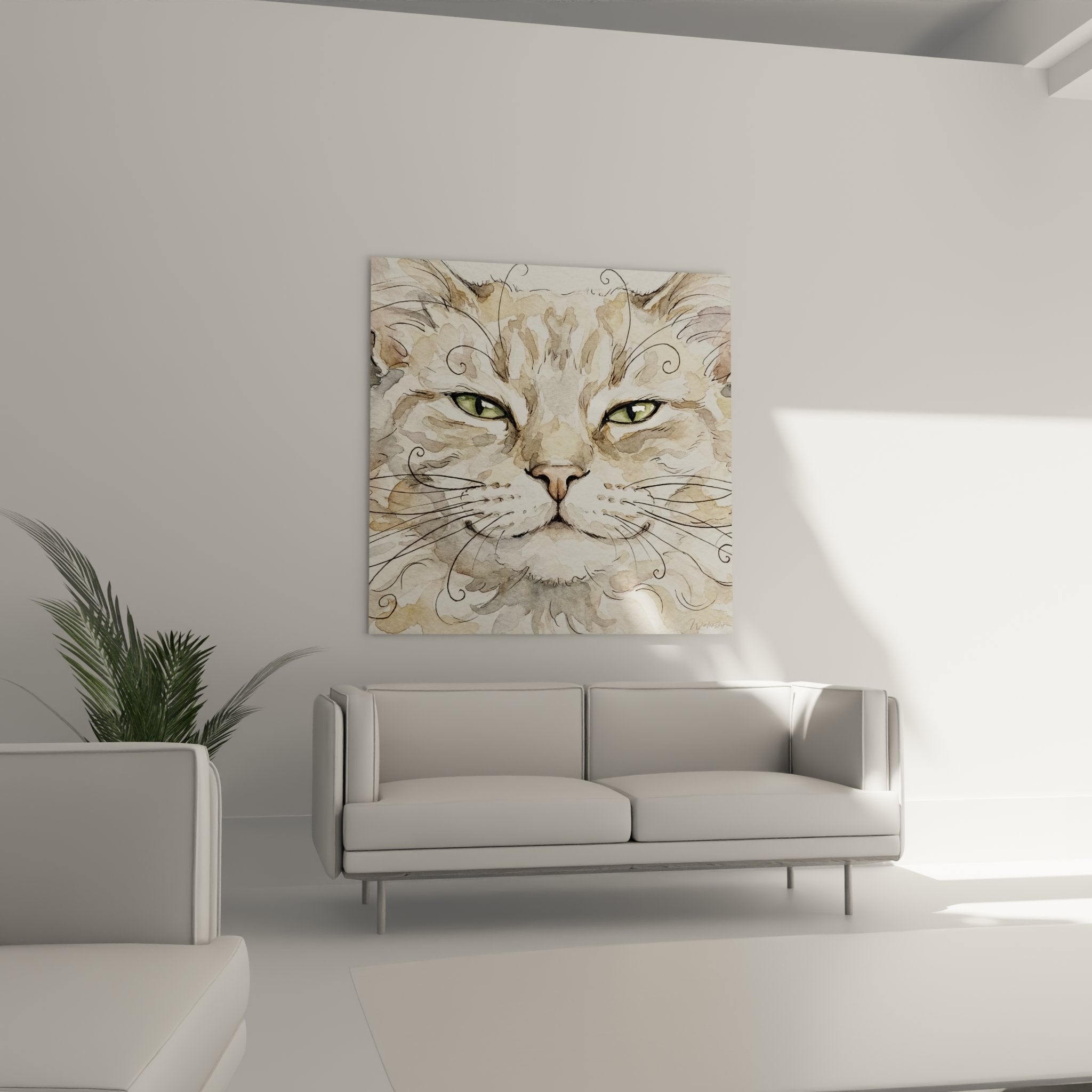 Dettaglio ritratto gatto acquerello occhi smeraldo baffi sottili arte felina collezione Laperm