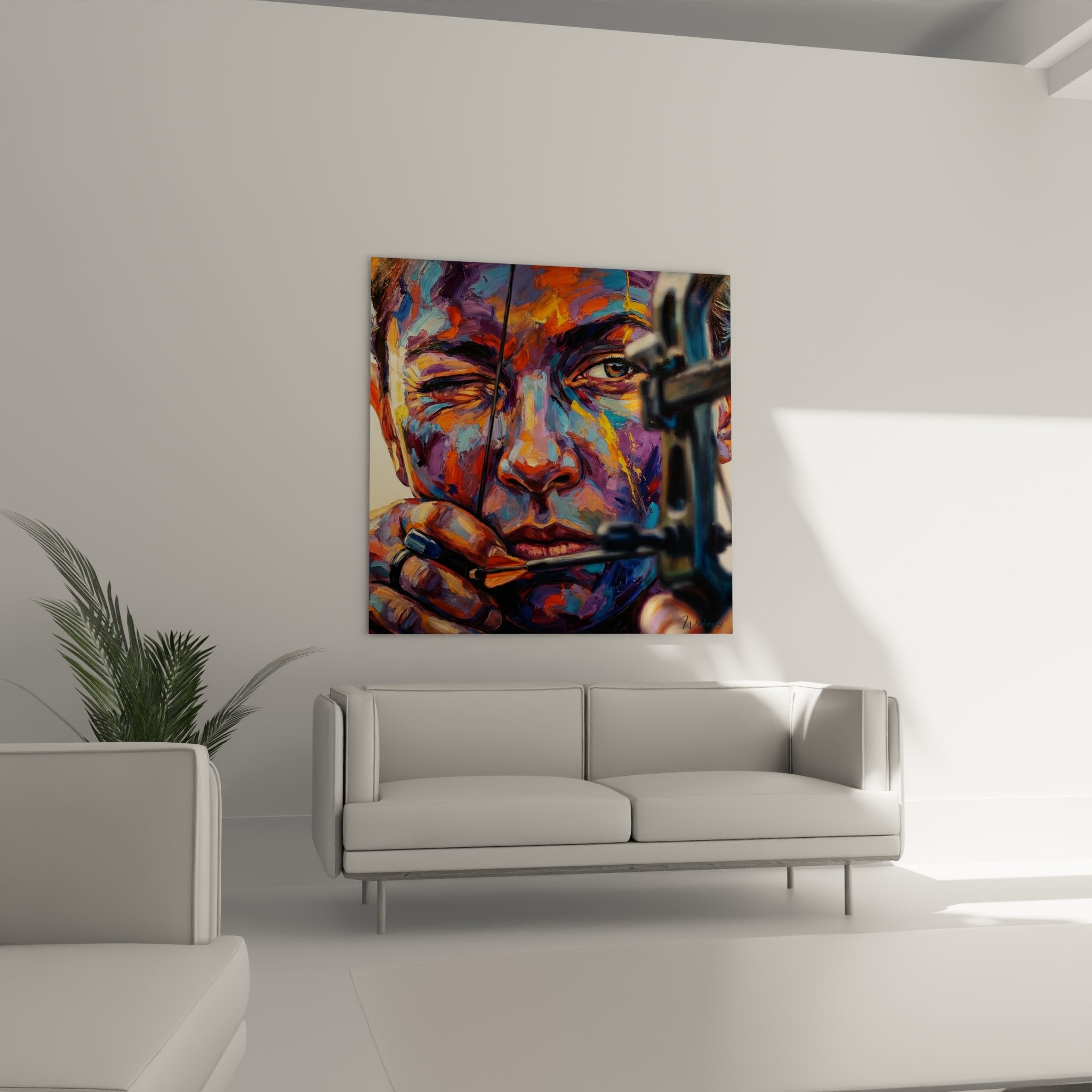 Détail portrait archer peinture - Regard concentré et technique picturale moderne tir à l'arc