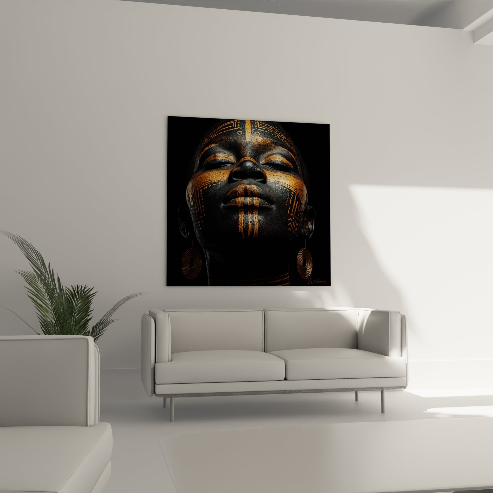 Primo piano quadro volto africano scarificazioni dorate motivi tribali tradizionali arte etnica dettagli orecchie spirale