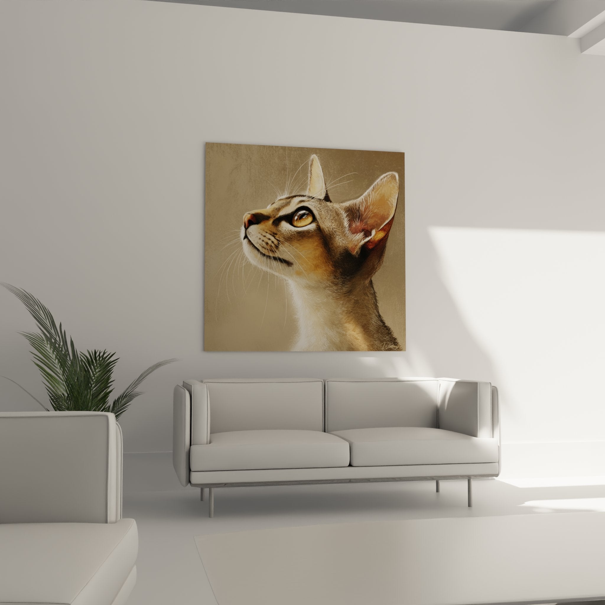 Close-up of the artwork showing fine details of the fur and expressive golden eye of the Singapura cat