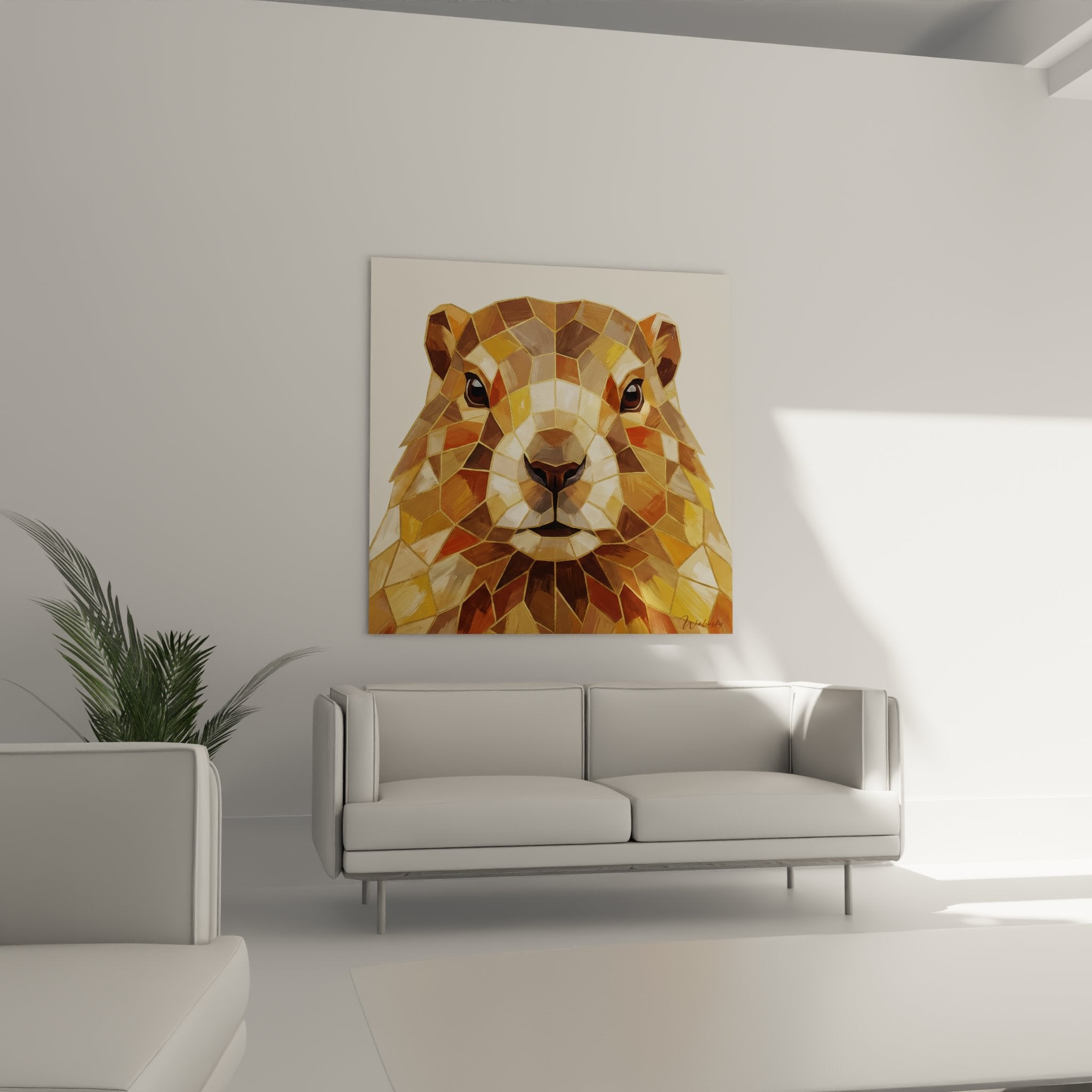 Dettaglio ravvicinato di quadro marmotta poligonale che mostra sfaccettature dorate e occhi espressivi realistici