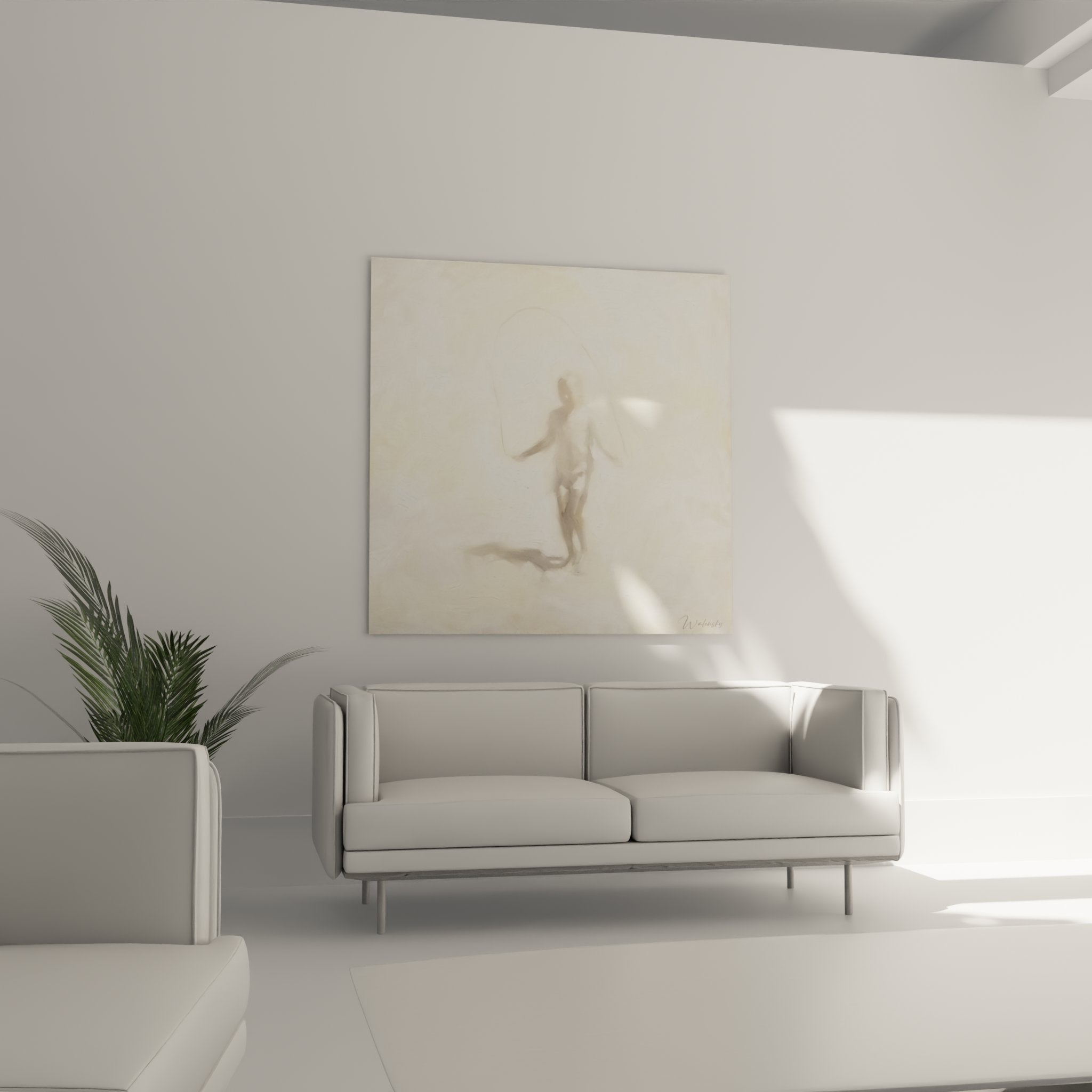 Detail of the painting showcasing fluid brushwork technique and subtle beige and golden ochre tones