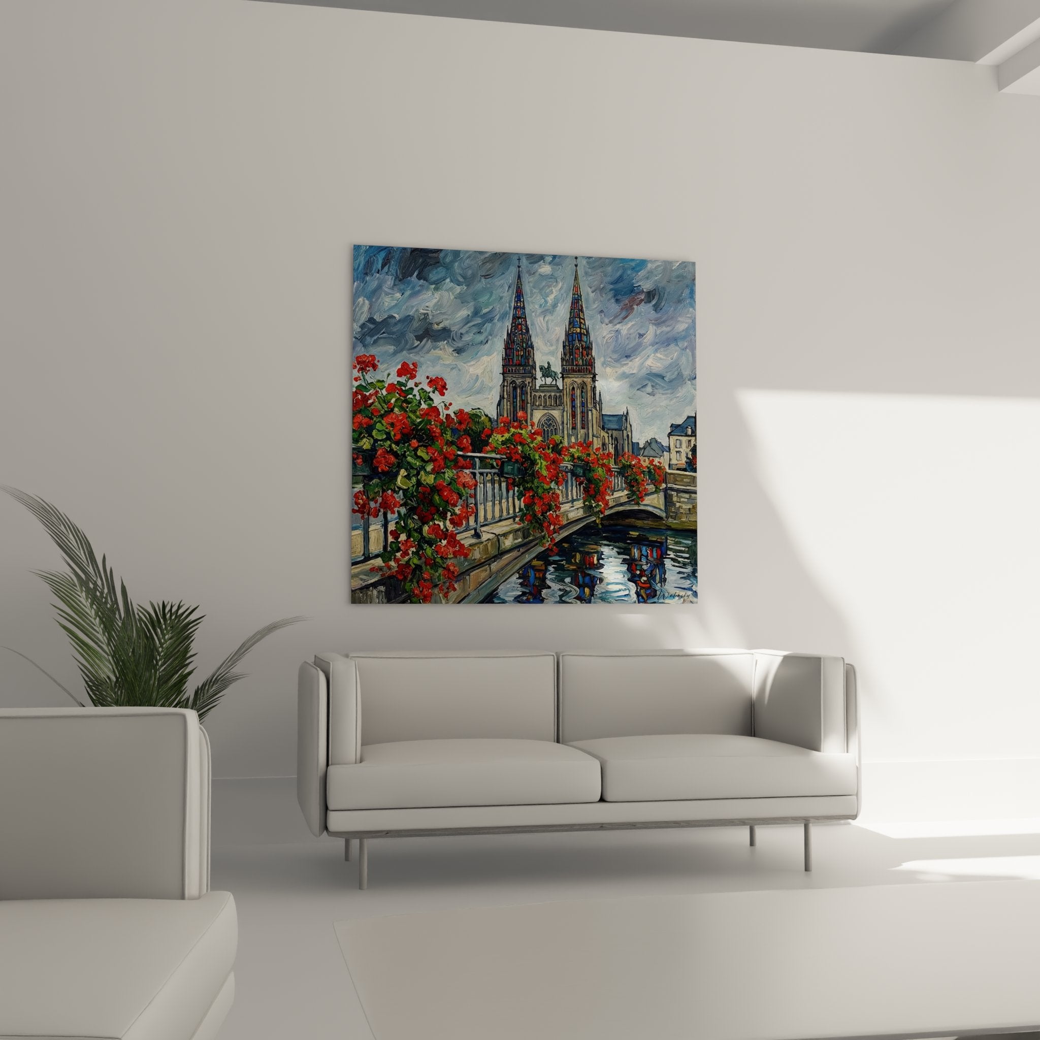 Dettaglio gerani rossi brillanti e architettura gotica con vetrate multicolori, tecnica post-impressionista