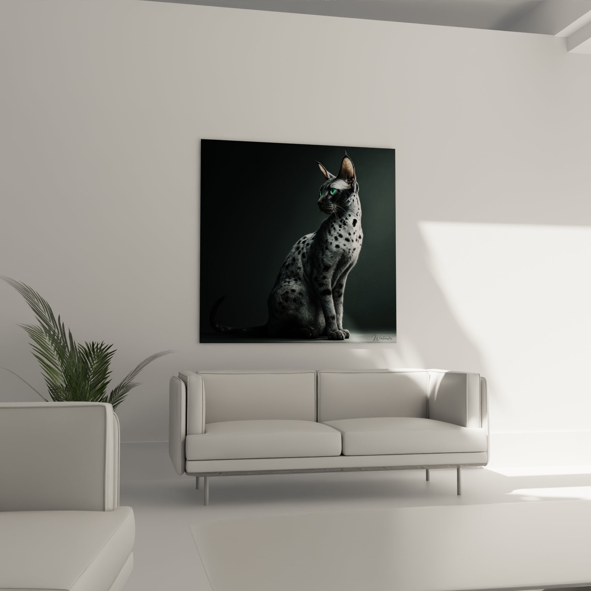 Close-up detail of the Egyptian Mau cat's spotted coat and piercing green eyes