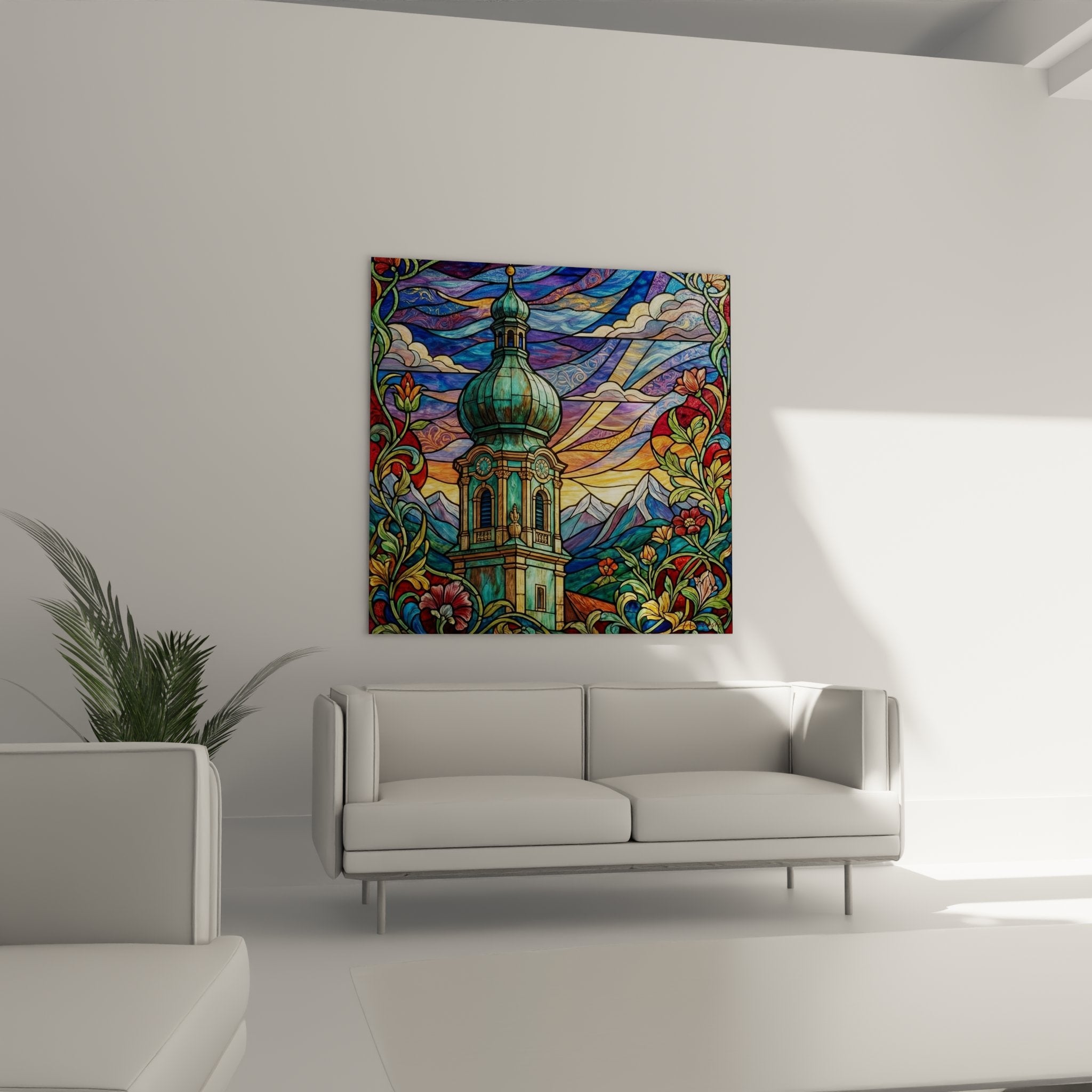 Dettaglio ravvicinato quadro vetrata chiesa cupola barocca ornamenti floreali stile art nouveau alpi