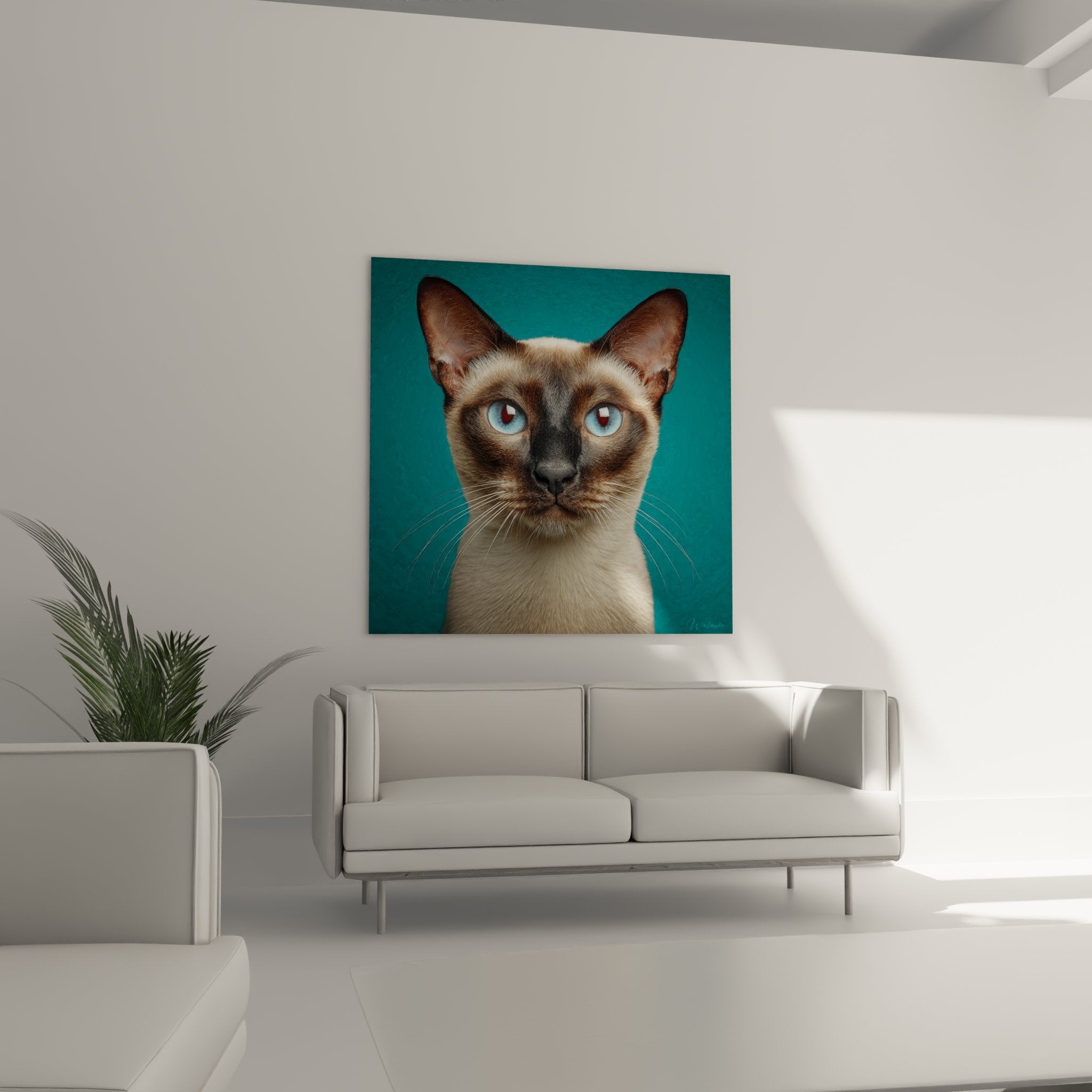 Primo piano ritratto gatto Tonkinese con occhi blu azzurri, dettagli artistici mantello seal point su turchese