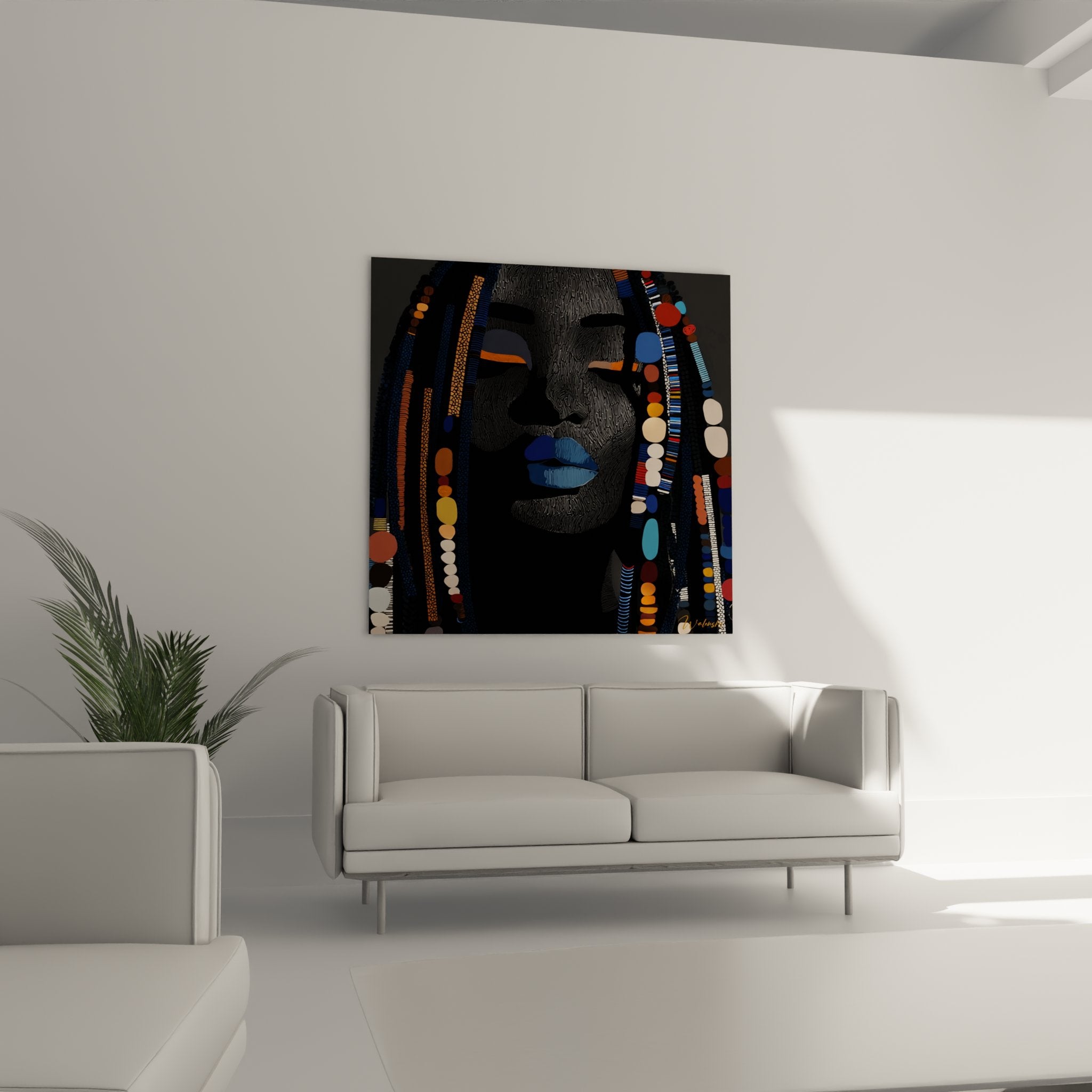 Dettaglio primo piano quadro ritratto africano texture incise labbra blu motivi geometrici perle colorate