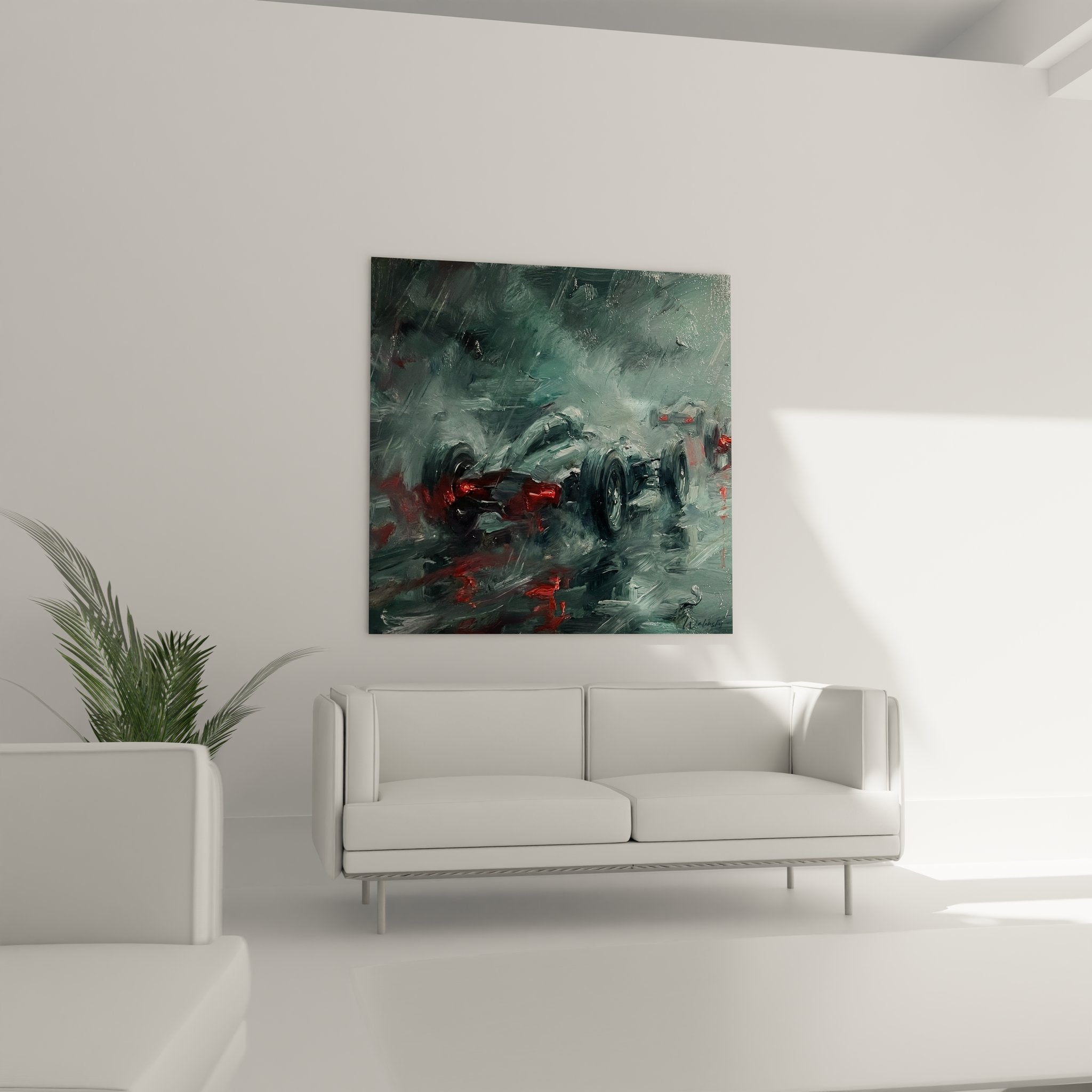 Detail peinture F1 sous orage montrant texture coups pinceau et effets pluie sur monoplaces