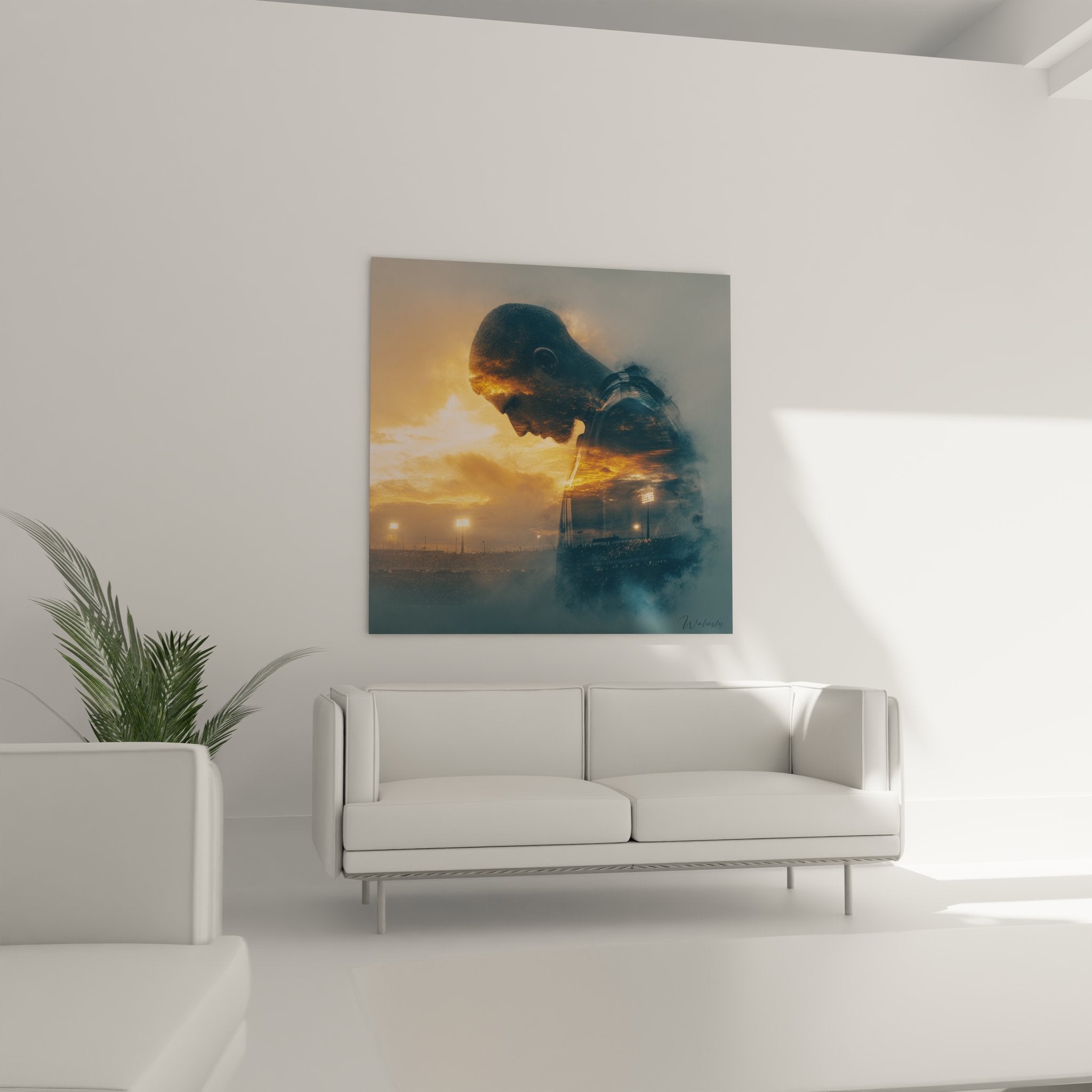 Détail tableau football technique double exposition profil joueur stade éclairé art mural contemporain