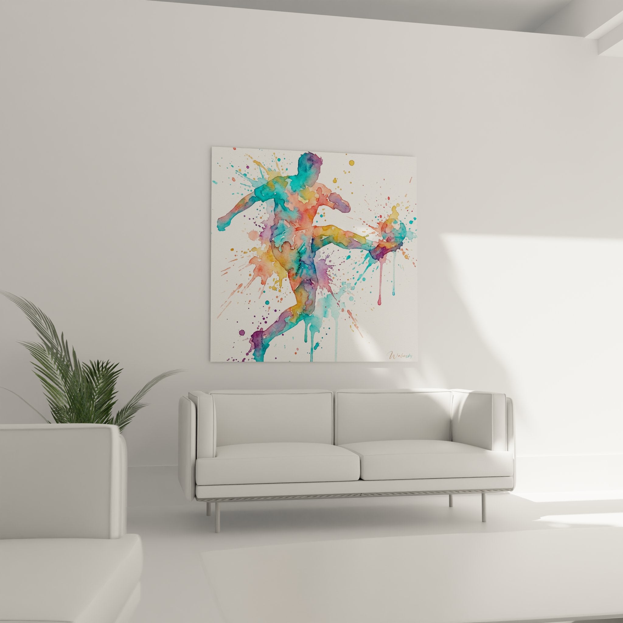 Détail aquarelle footballeur montrant technique peinture éclaboussures et mélange couleurs artistique