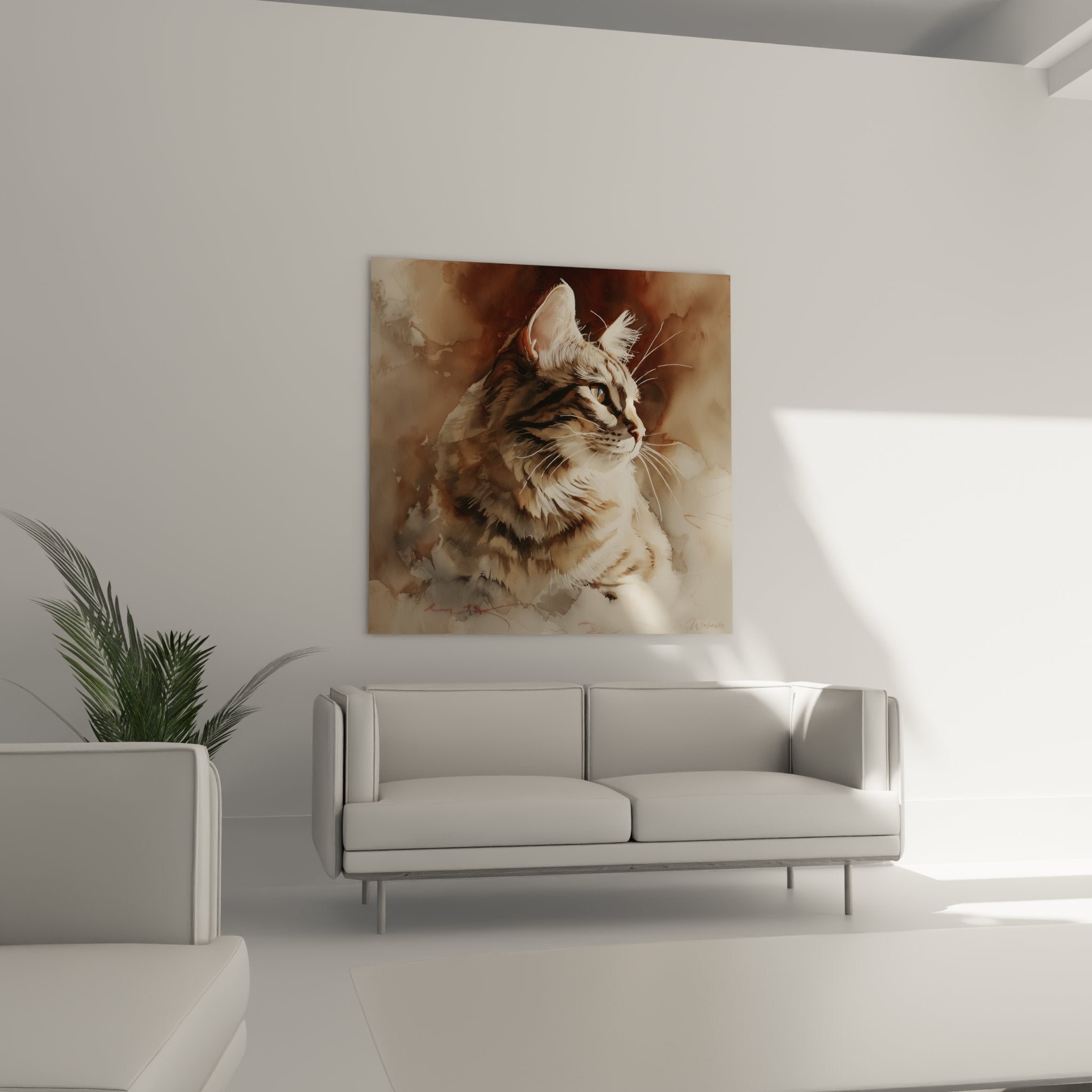 Détail peinture chat roux American Bobtail yeux verts technique aquarelle réaliste moustaches