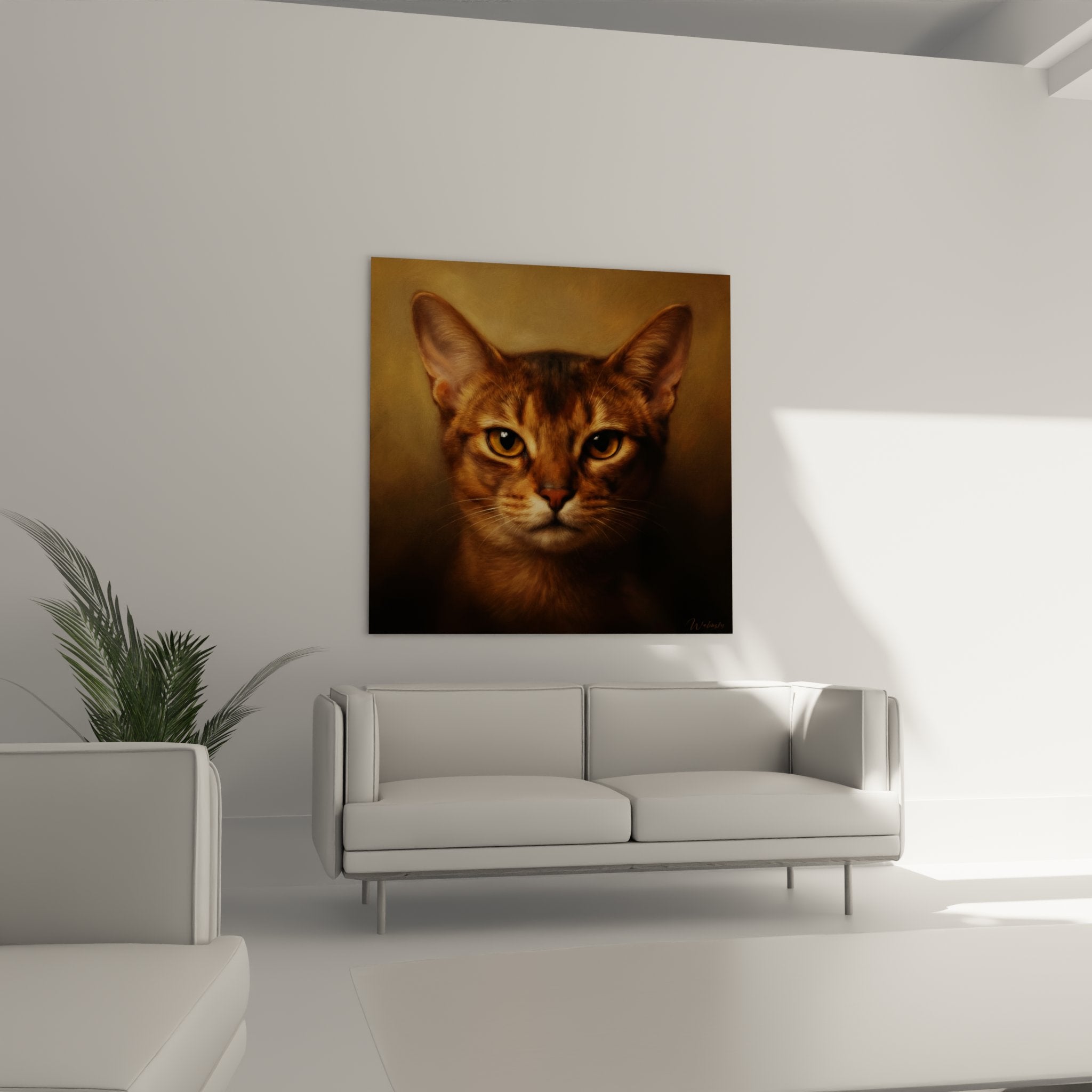 Primo piano occhi dorati penetranti gatto Abissino quadro arte animale realistica alta qualità