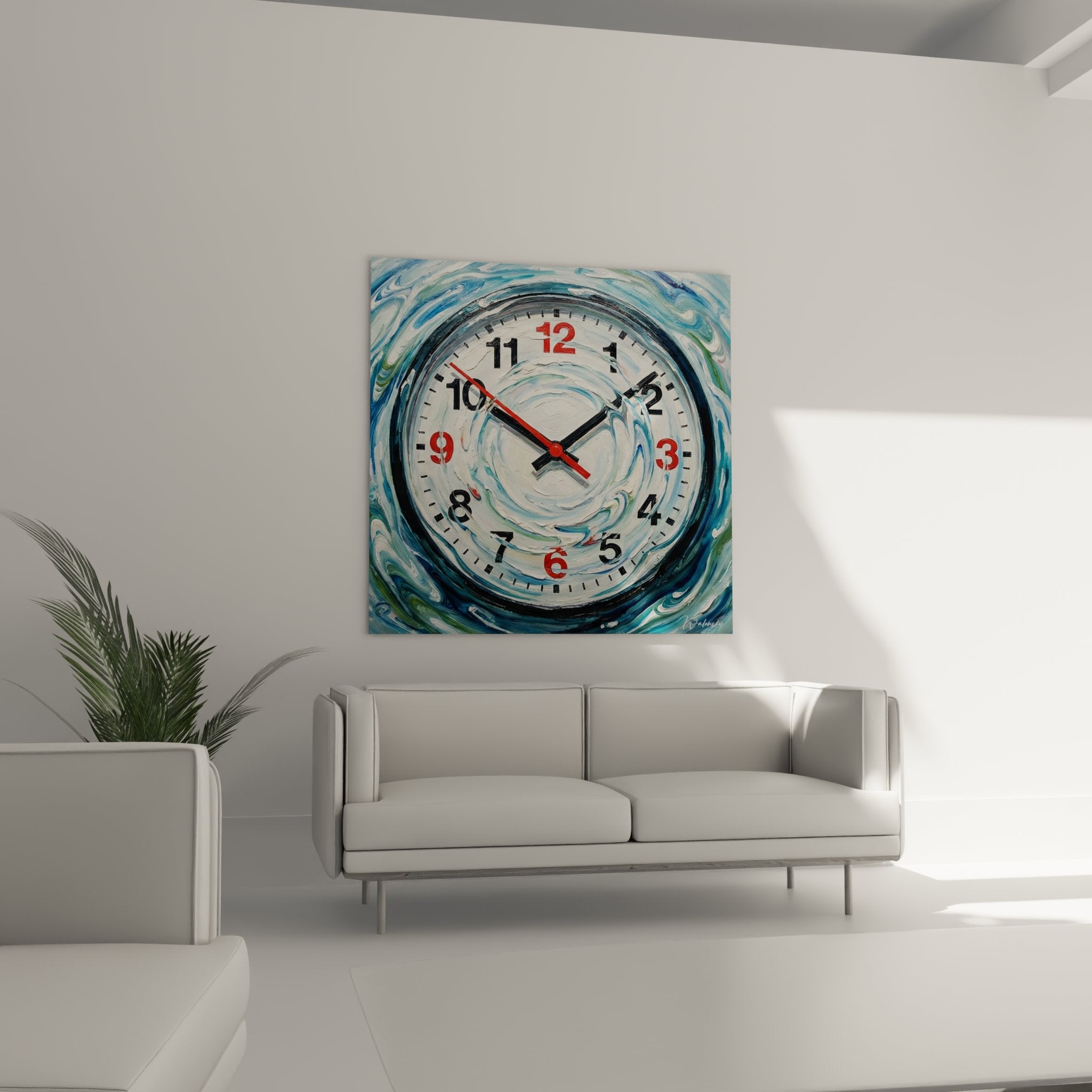 Gros plan cadran horloge avec chiffres rouges sur fond tourbillon bleu turquoise et blanc nacre artistique