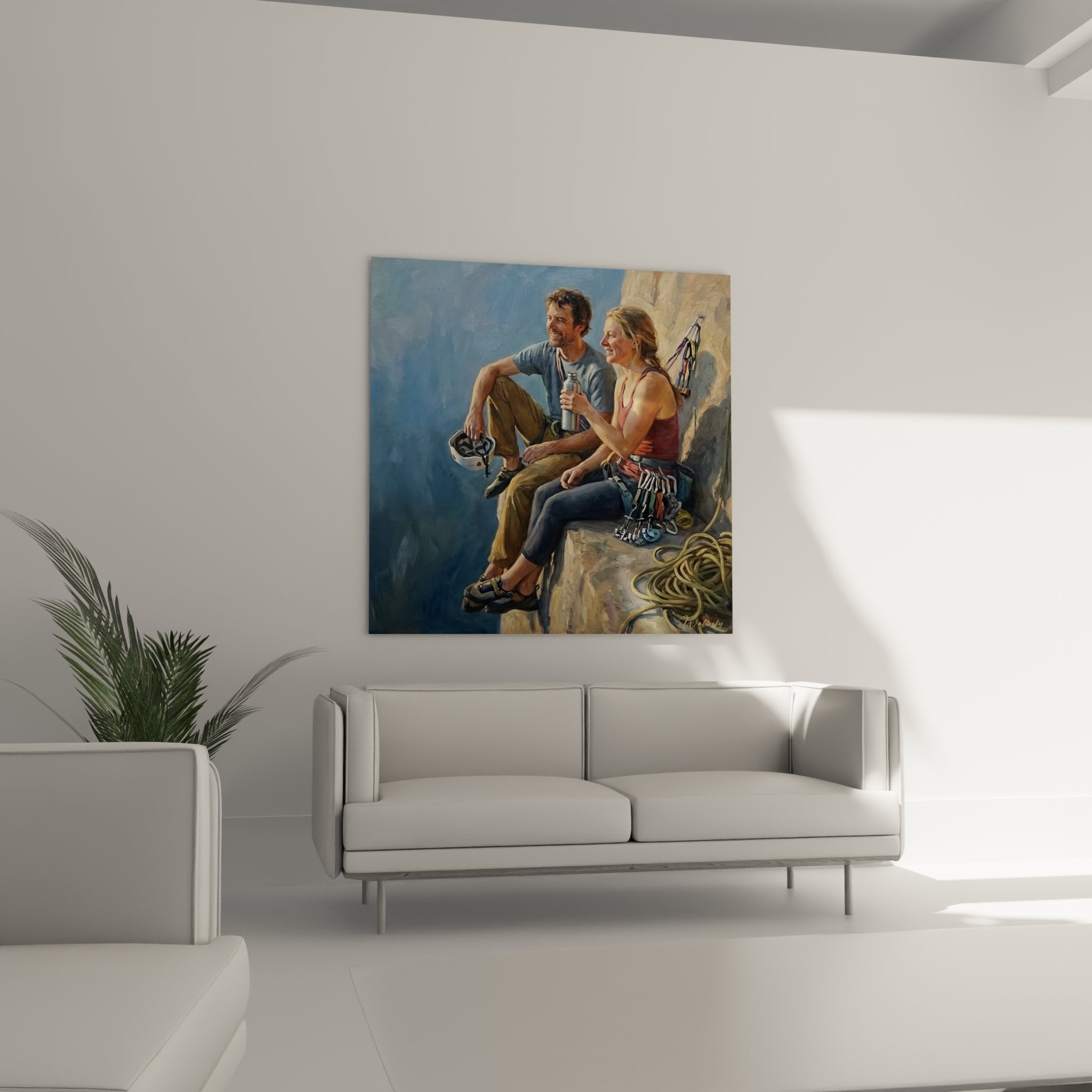 Detail of climbers wall art with climbing gear, helmets and authentic climbing equipment