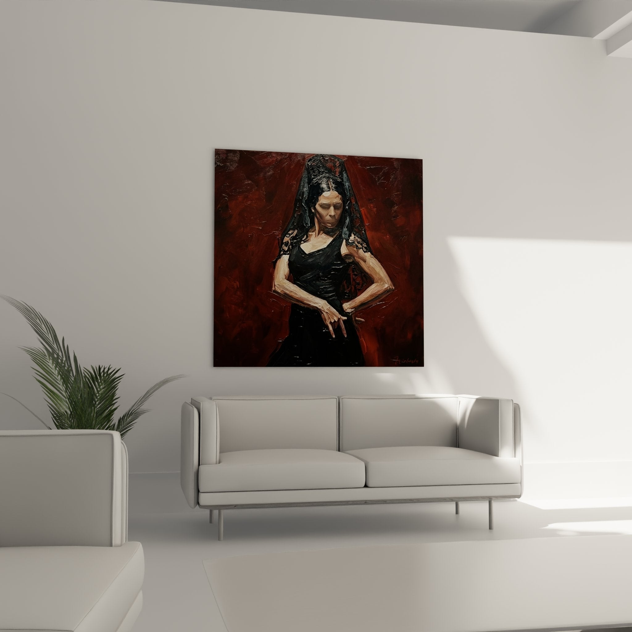 Dettaglio pittura ballerina flamenco, tecnica espressionista tratti pennello visibili arte danza andalusa