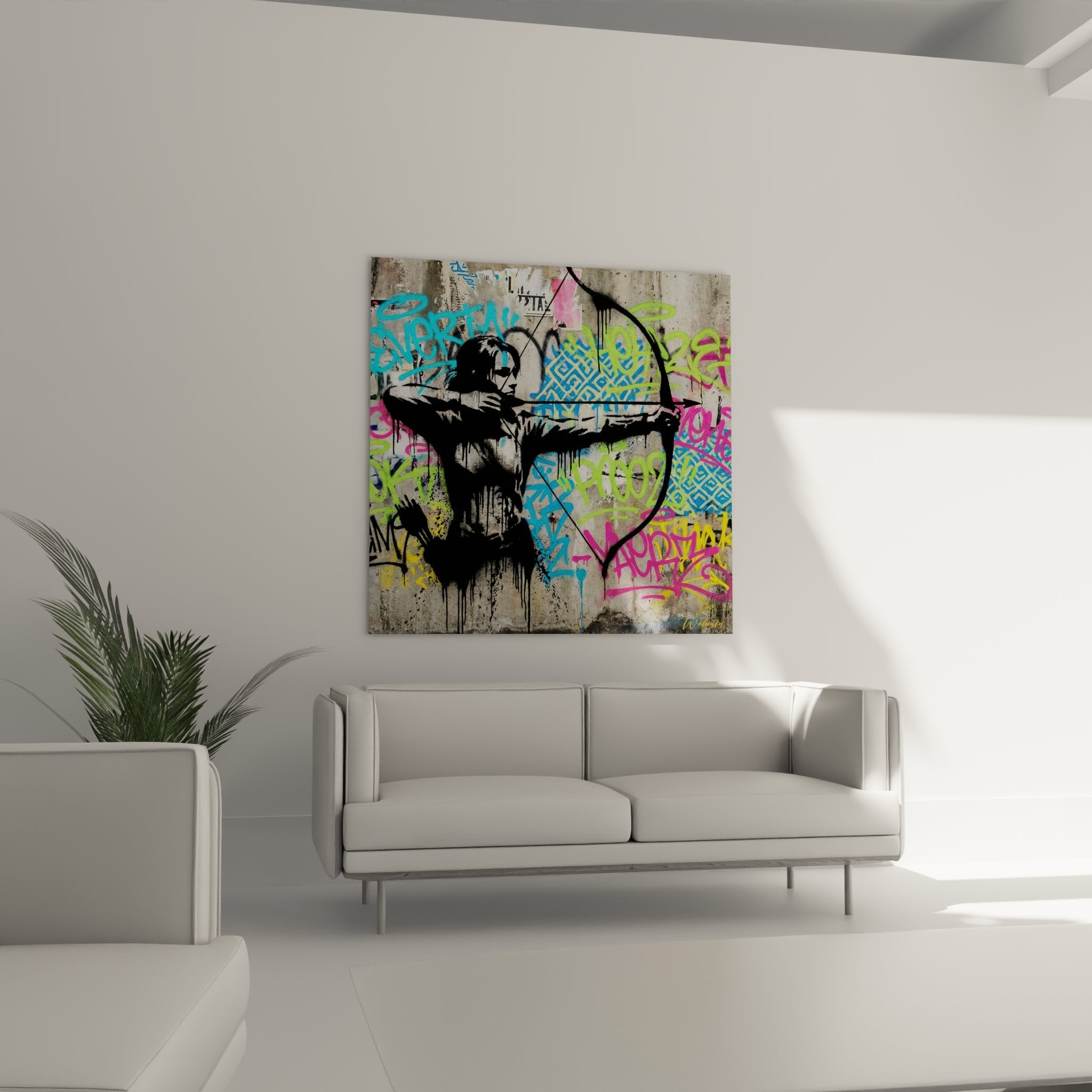 Détail tableau archer street art - Silhouette noire sur graffitis colorés bleu rose vert