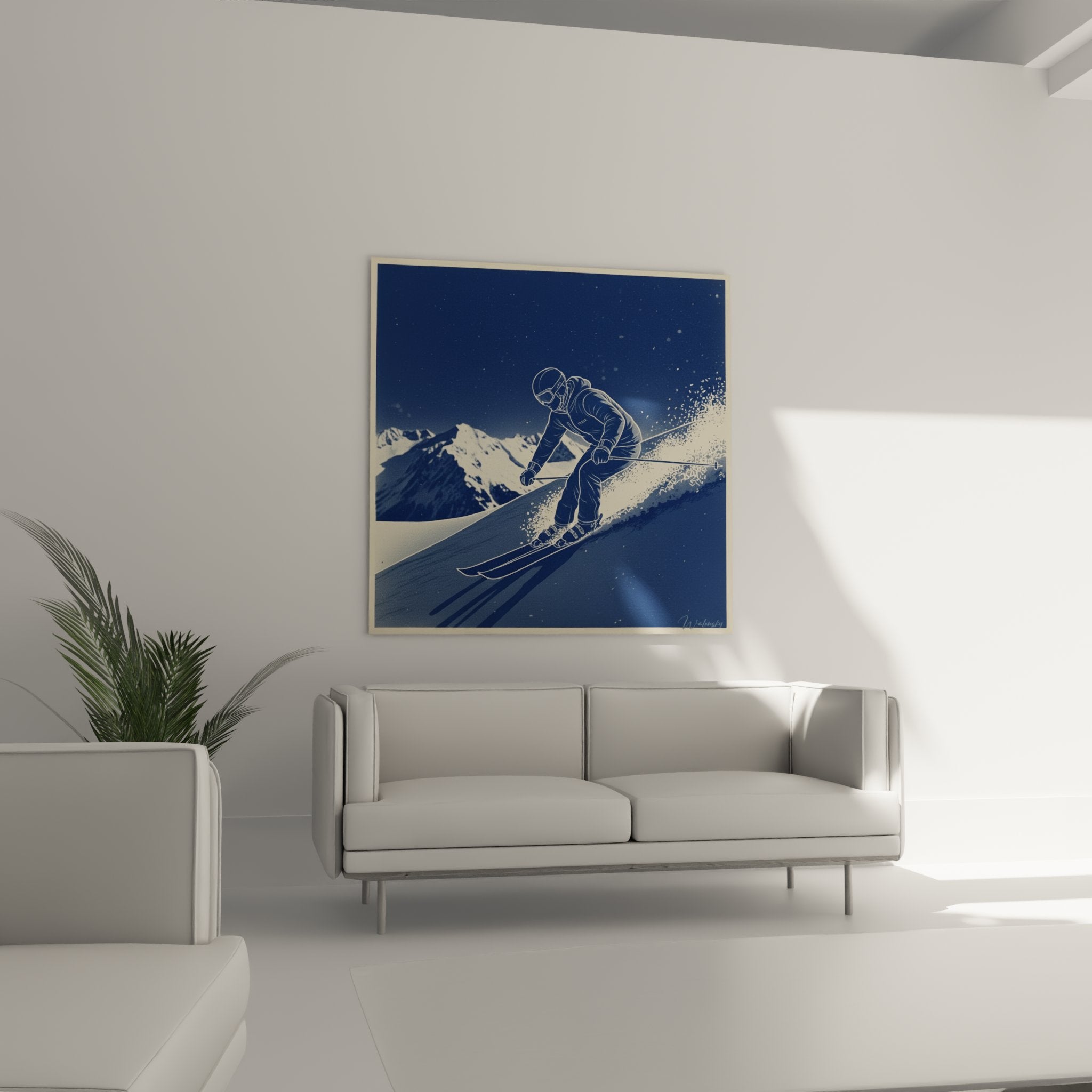 Détail rapproché tableau skieur technique poudreuse bleue gerbes neige fraîche montagne